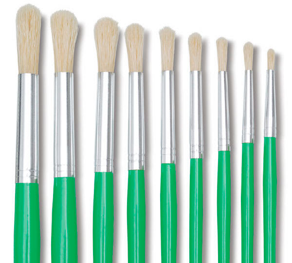 Blick Economy White Bristle Round Brushes - Closeup of Assorted sized of Round brushes upright