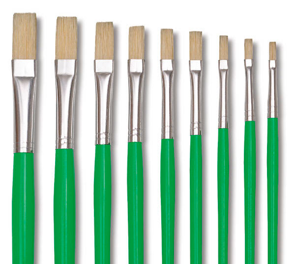 Blick Economy White Bristle Round Brushes - Closeup of Assorted sized of Flat brushes upright