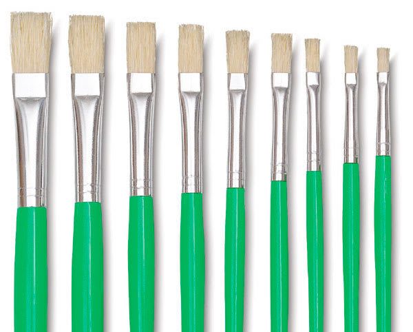 Blick Economy White Bristle Round Brushes - Closeup of Assorted sized of Bright brushes upright