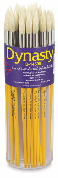 Dynasty White Bristle Round Brushes - Front of Canister of 36 shown
