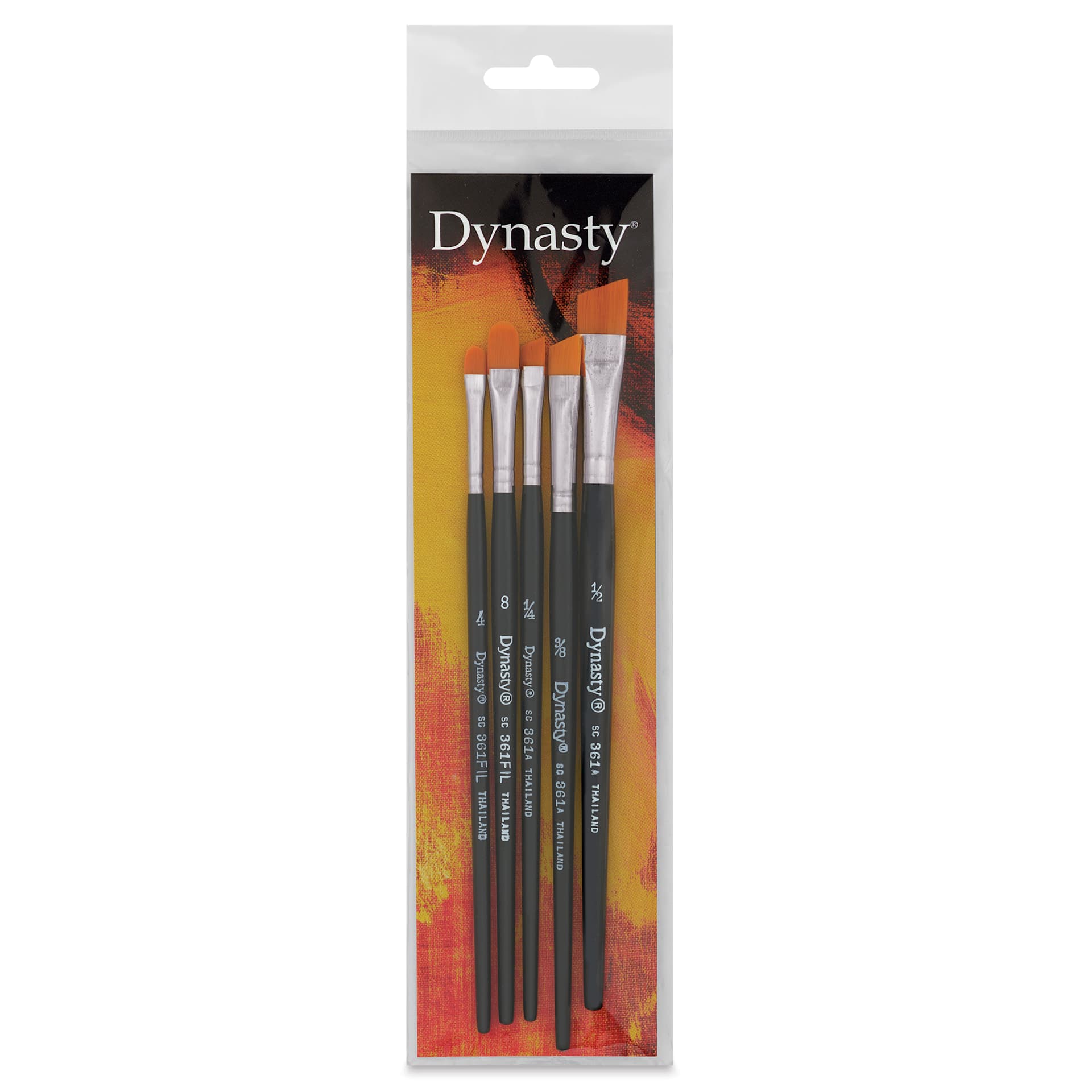 Dynasty Finest Golden Synthetic Brushes - Angle and Filbert, Set of 5, front of the packaging