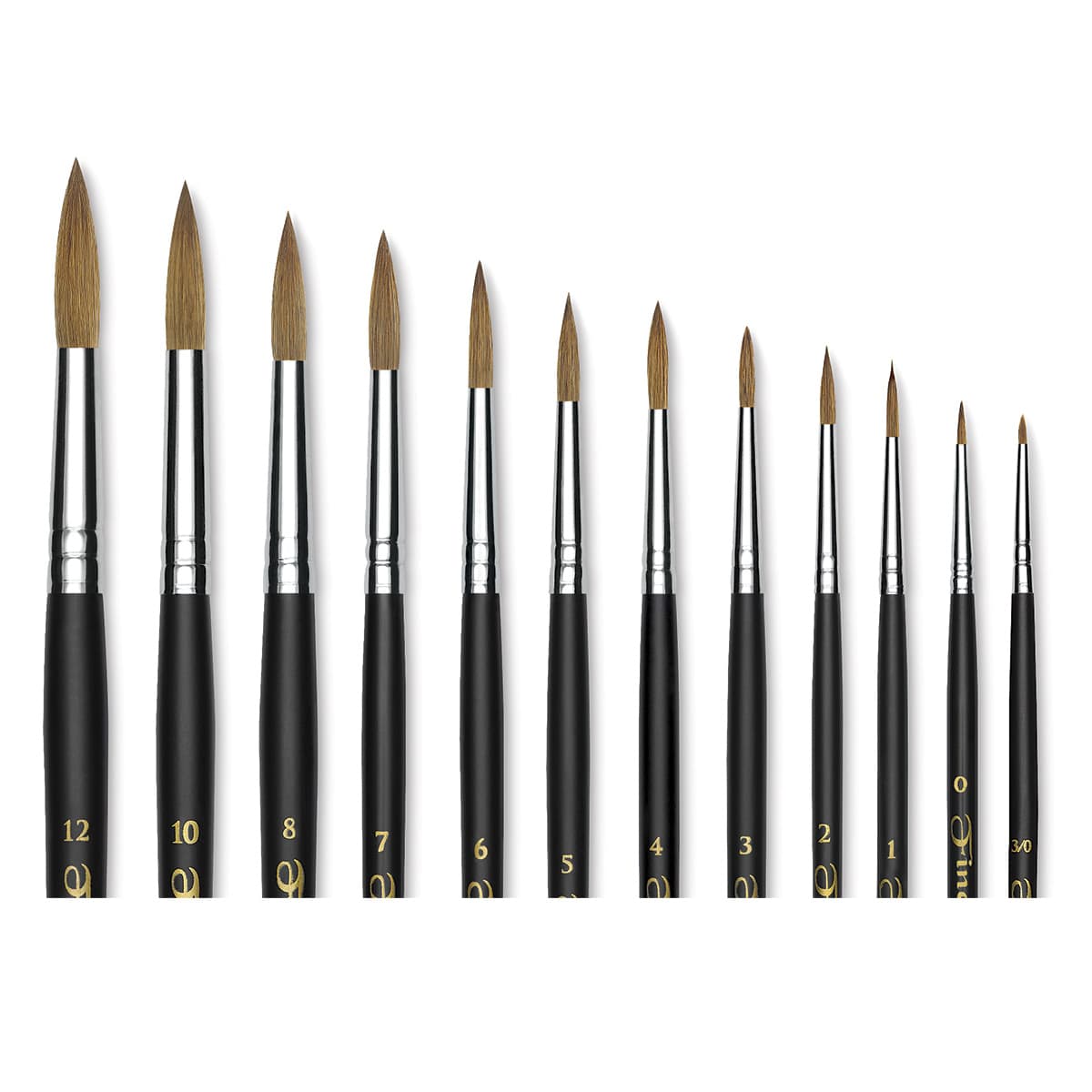 Dynasty Fine Kolinsky Watercolor Round - Closeup of several sizes of Brushes
