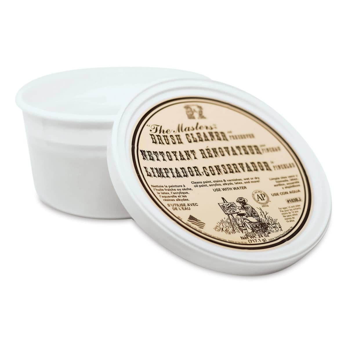 The Masters Brush Cleaner and Preserver - Classroom Tub, 24 oz. Front and top of tub.