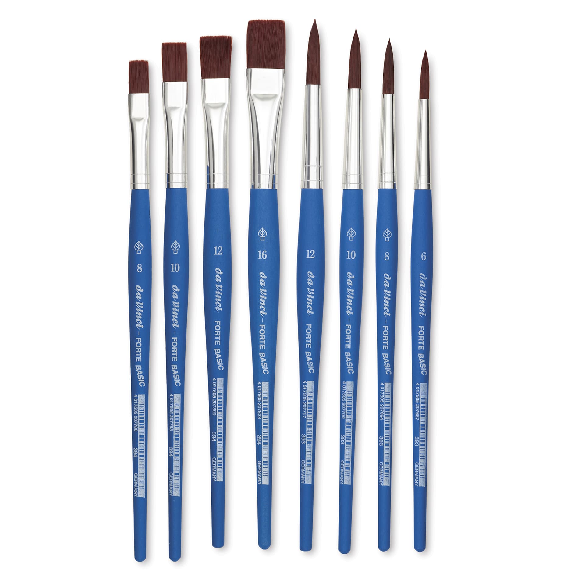 Da Vinci Forte Basic Synthetic Brushes - Assorted, Short Handle, Set of 8, laid out