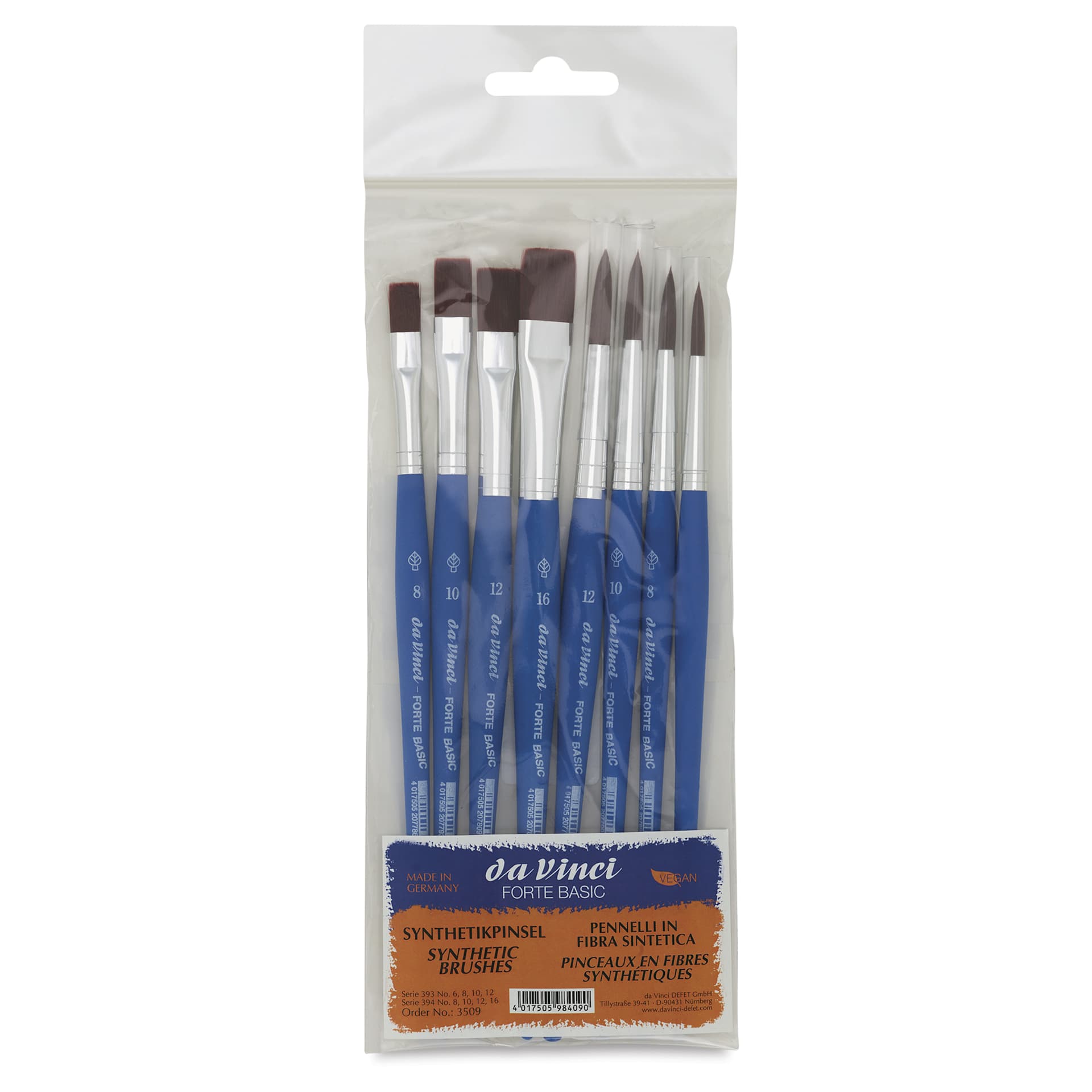 Da Vinci Forte Basic Synthetic Brushes - Assorted, Short Handle, Set of 8, in packaging