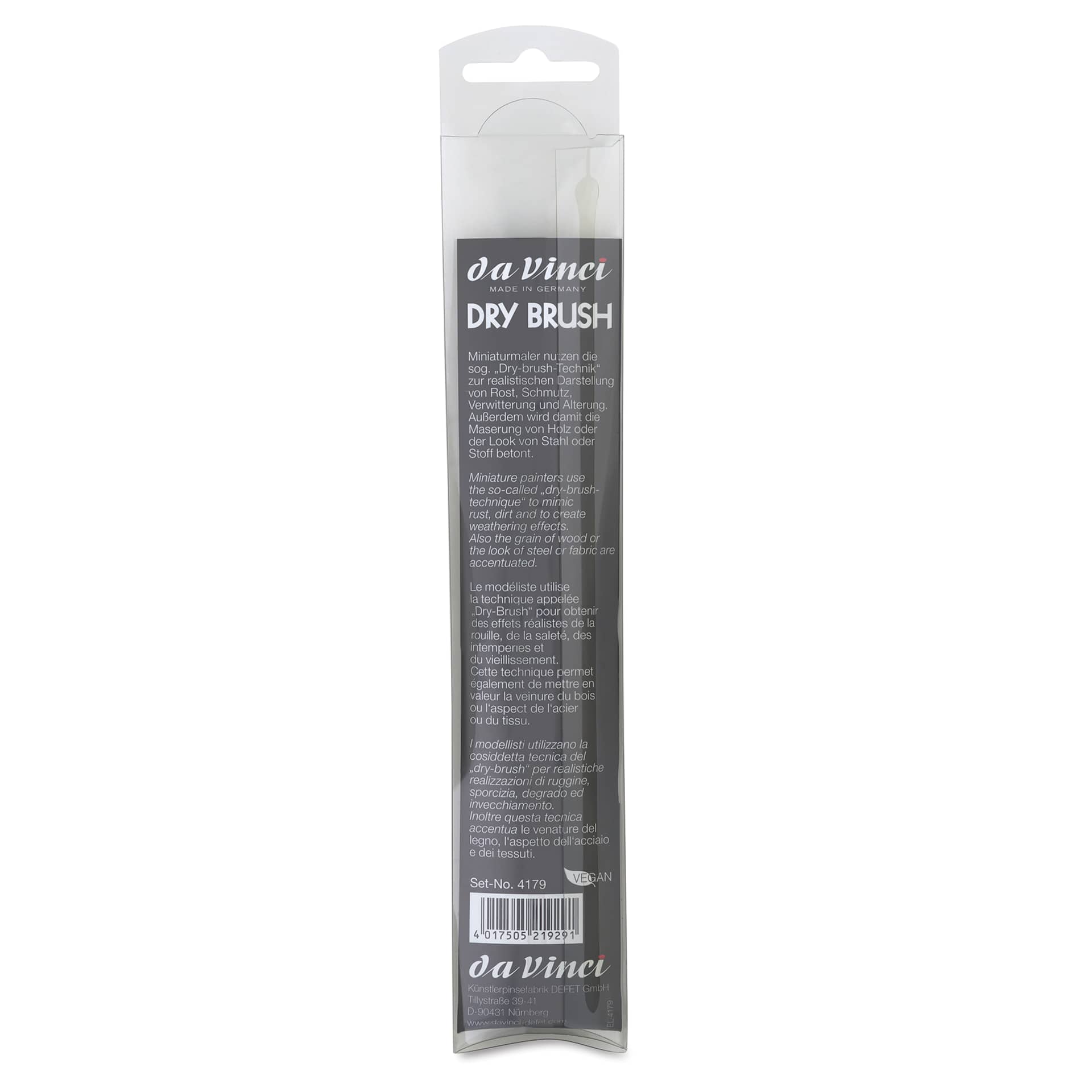 Da Vinci Synthetic Dry Brushes - Set of 3, back of the packaging