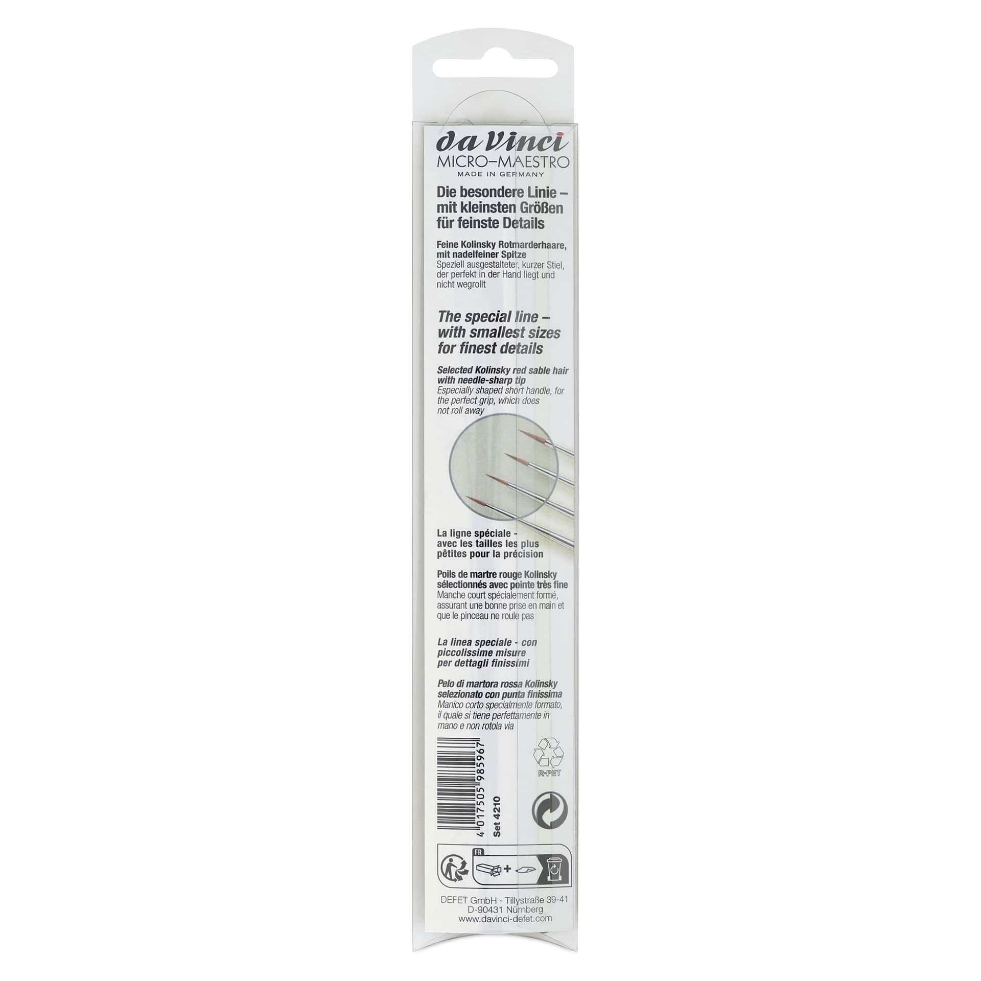 Da Vinci Micro Maestro Kolinsky Brushes - Round, Short Handle, Set of 4, back of the packaging