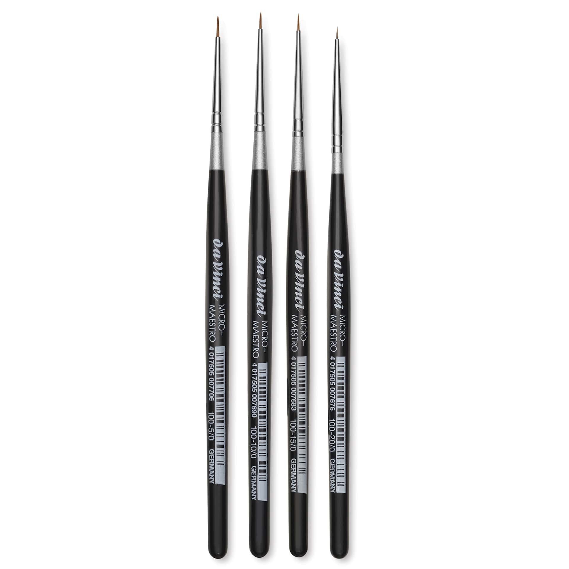 Da Vinci Micro Maestro Kolinsky Brushes - Round, Short Handle, Set of 4, laid out