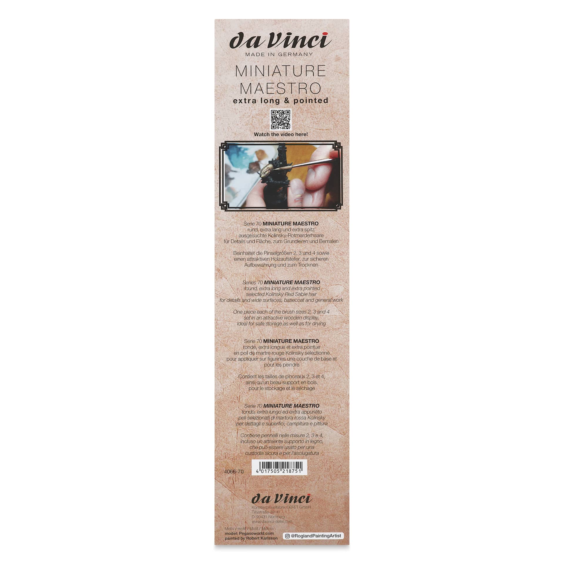 Da Vinci Maestro Kolinsky Miniature Brushes - Extra Long, Round Pointed, Set of 3, back of pack