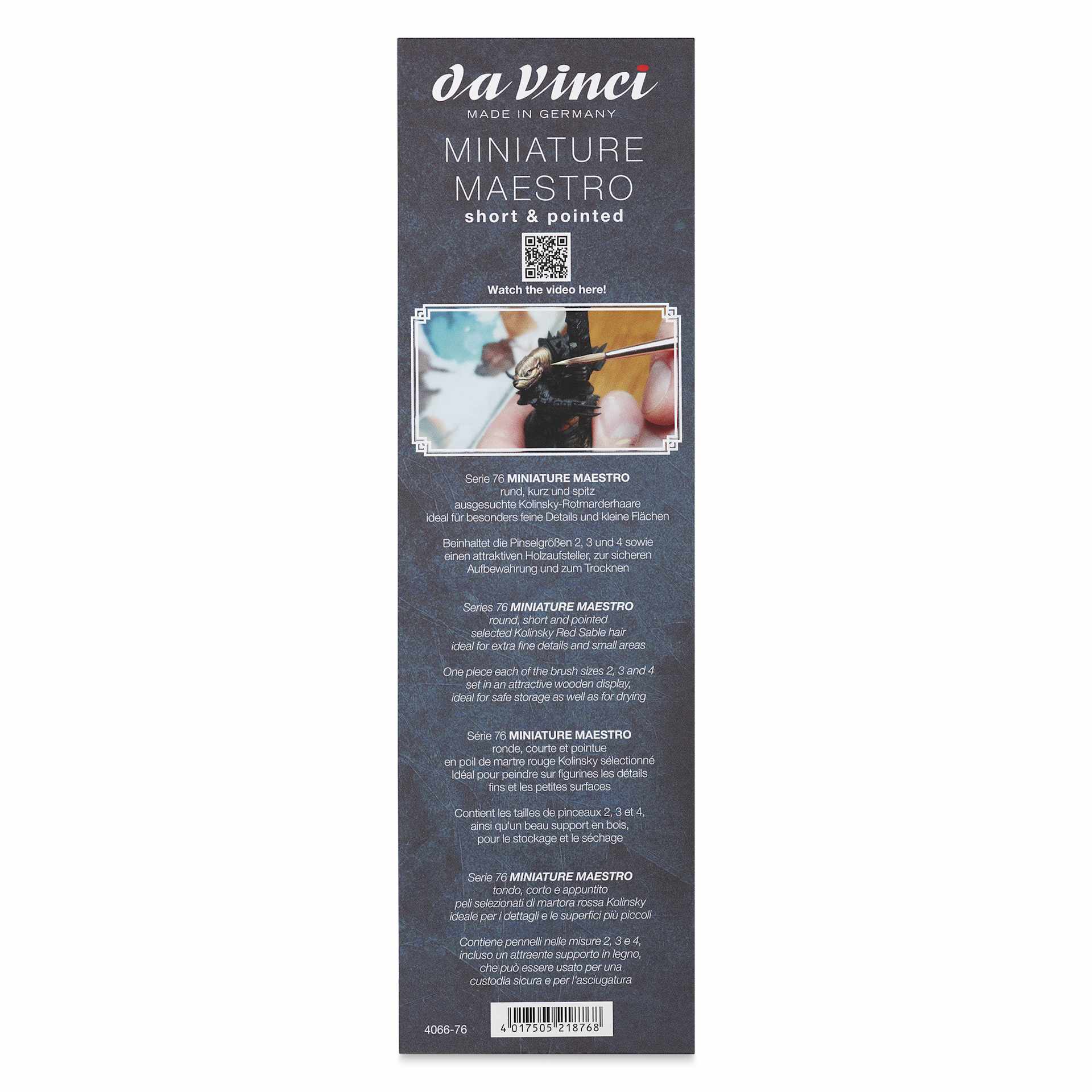 Da Vinci Maestro Kolinsky Miniature Brushes - Short, Round Pointed, Set of 3, back of pack