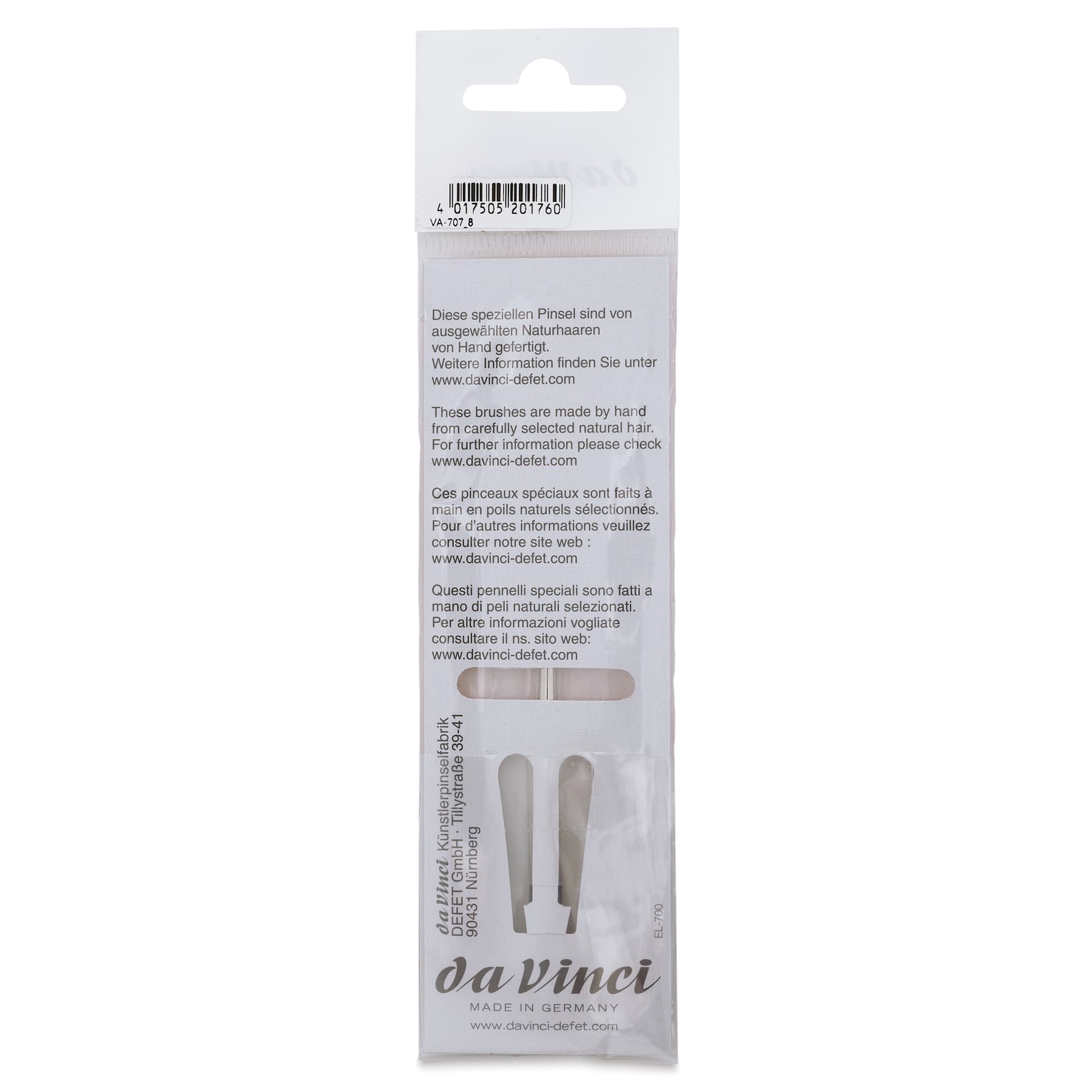 Da Vinci Petit Gris Pur Blue Squirrel Brush - 707 Striper Pointed, Size 8, back of the packaging