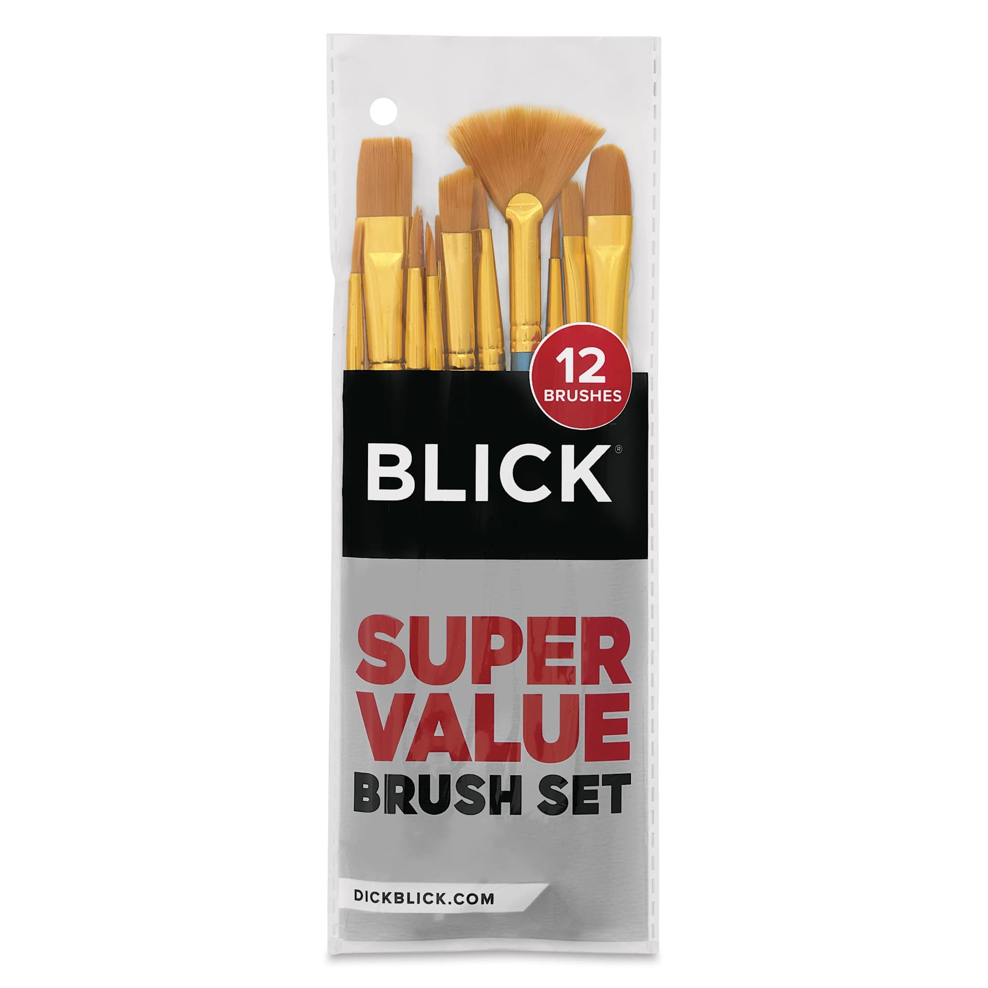 One of ten 12-brush sets included in the Blick Super Value Golden Taklon 120 Count Brush Set.