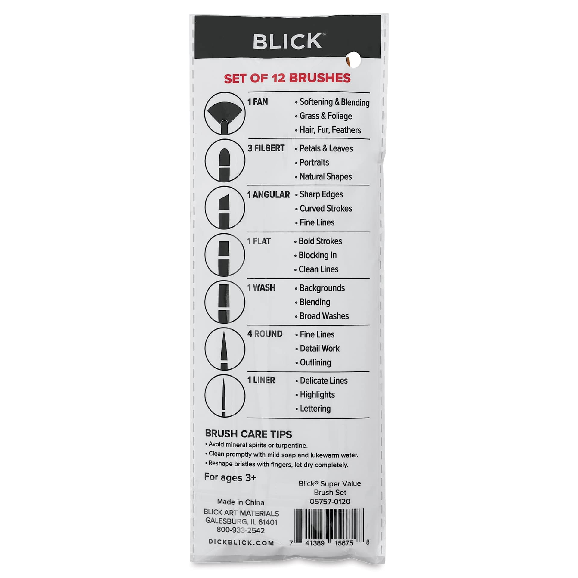 Blick Super Value Golden Taklon 120 Count Brush Set - Assorted Brushes, back of one package