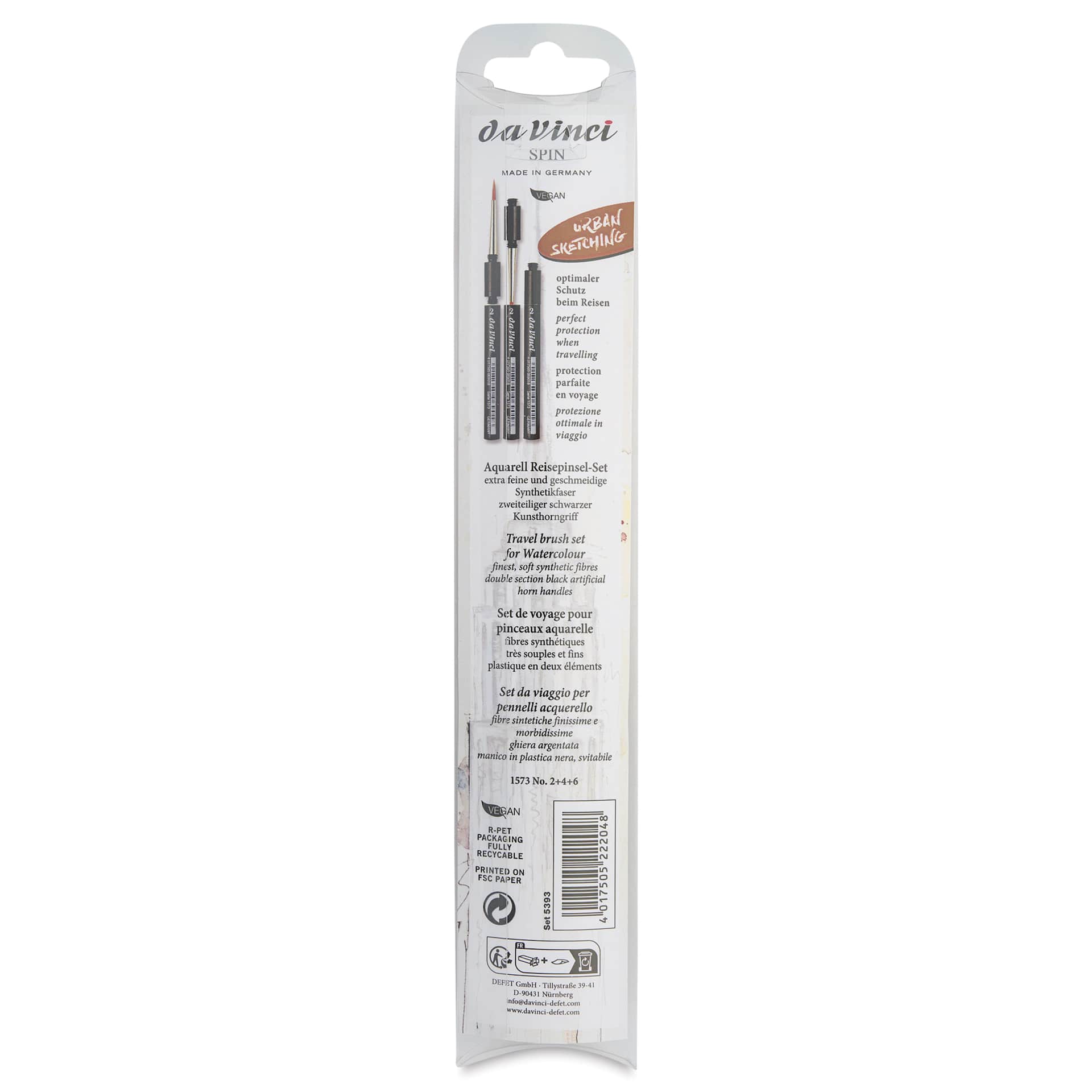 Da Vinci Cosmotop Spin Travel Brushes - Series 5393, Urban Sketching Set of 3, back of the packaging