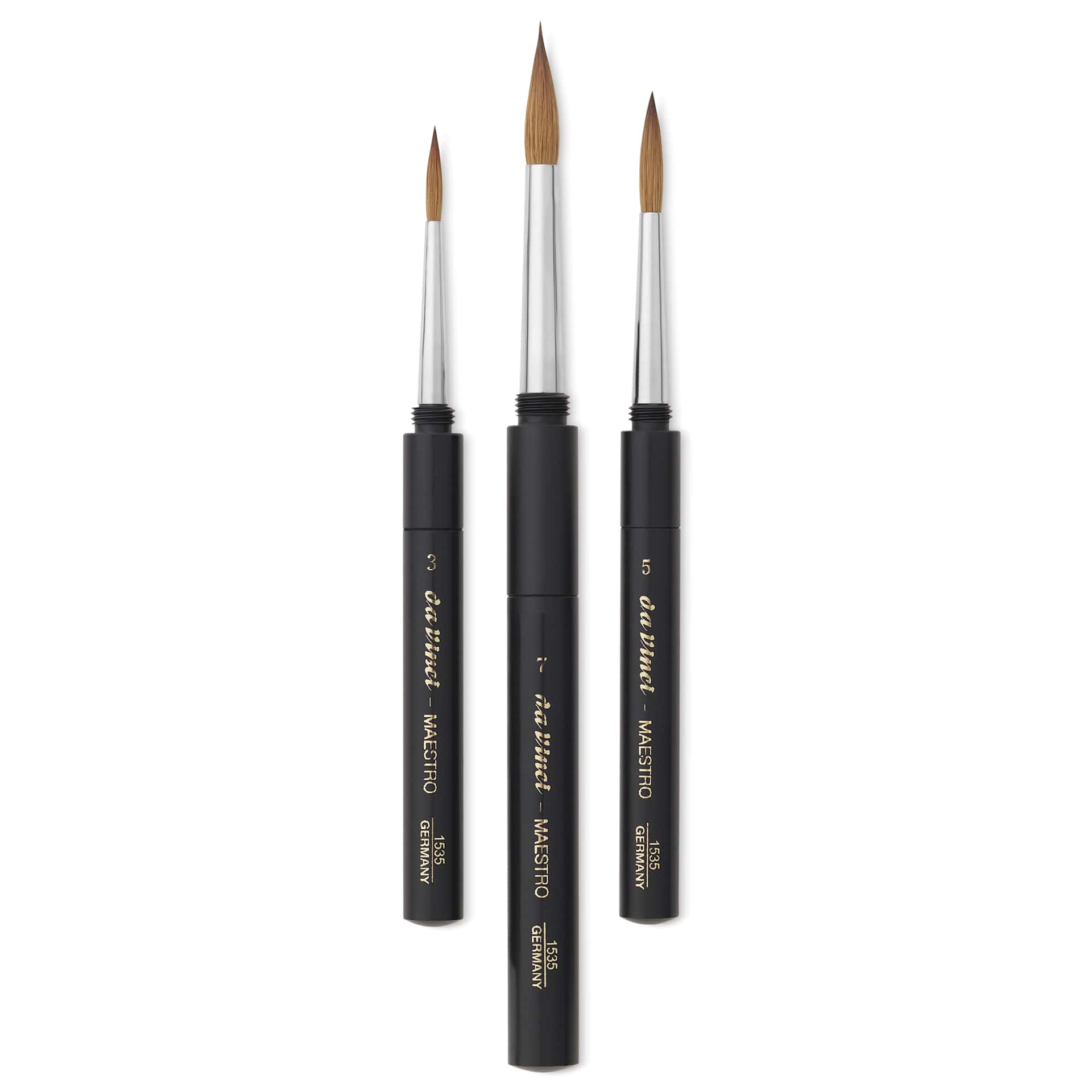 Da Vinci Maestro Kolinsky Travel Brushes - Set 1535, Set of 3, brushes laid out