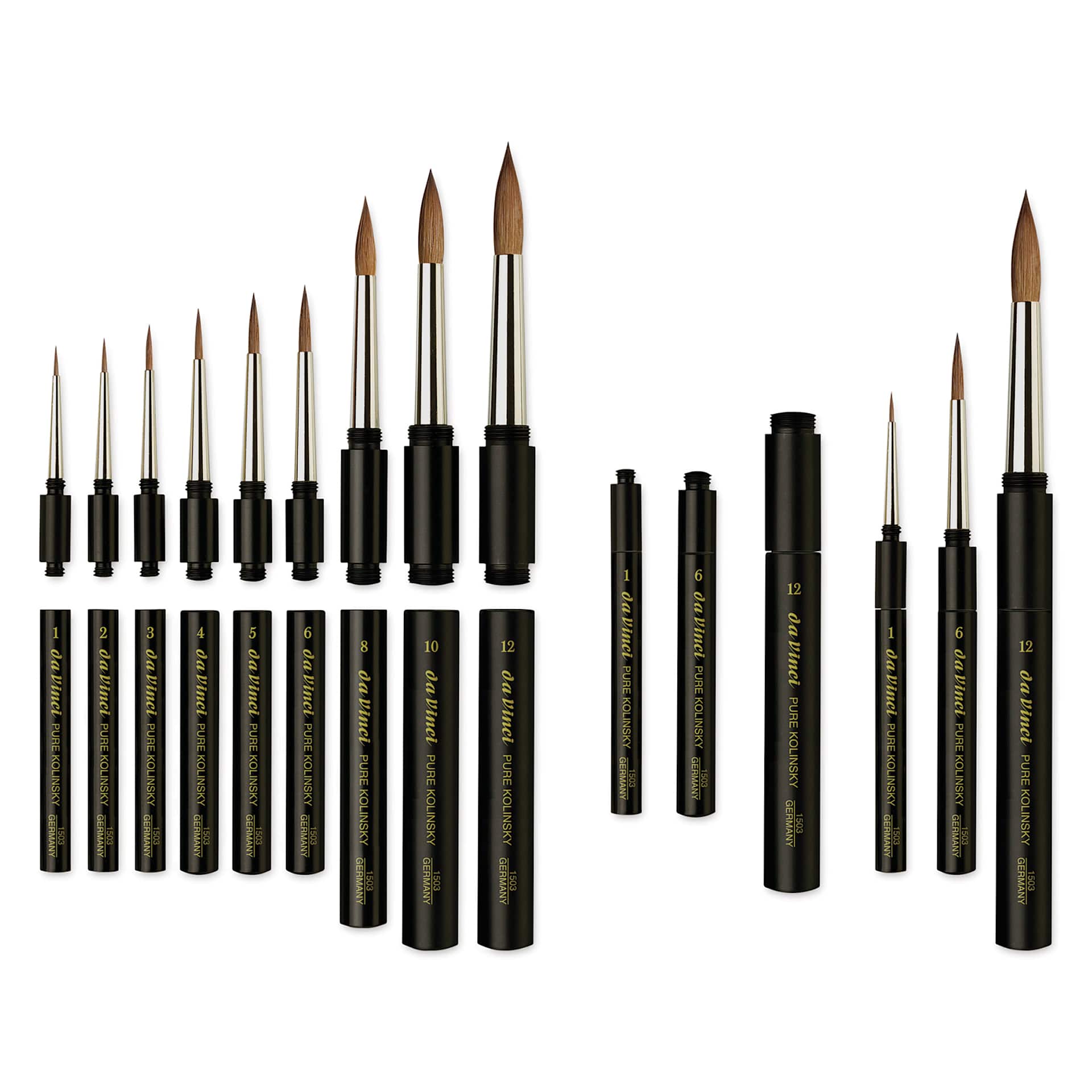 Da Vinci Maestro Kolinsky Travel Brushes - a selection of sizes with and without the handle/cap attached