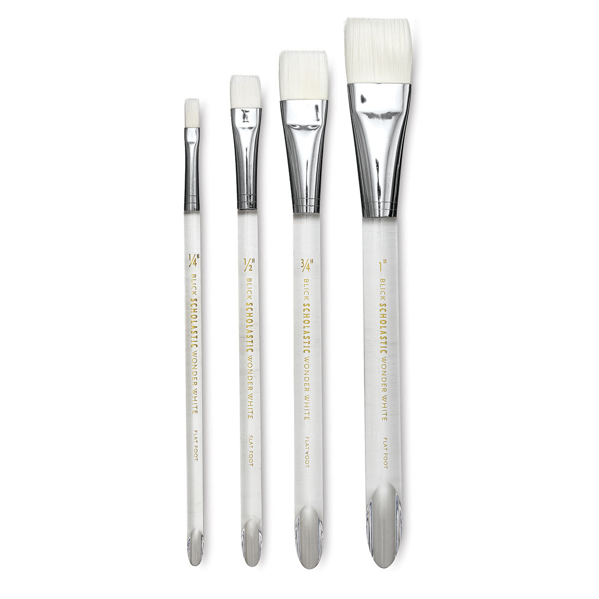 Blick Scholastic Wonder White Synthetic Brushes - Flat Foot Set of 4, Short Handles. Brushes in row.