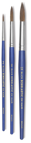 Blick Scholastic Ox Hair Brushes - 3 Short Handled Round brushes shown upright
