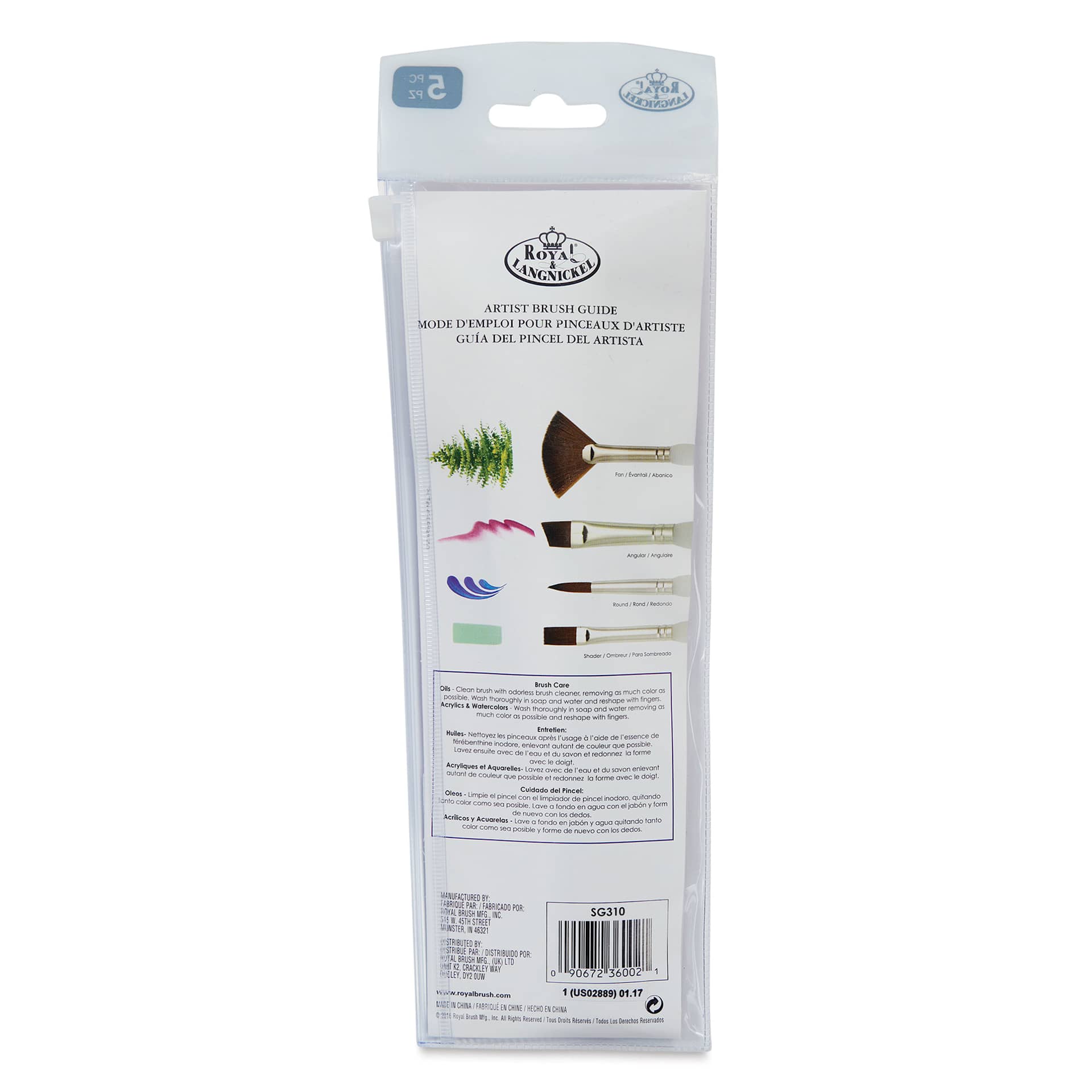 Royal & Langnickel Soft Grip Synthetic Sable Brushes - Angular Variety, Set of 5, back of pack