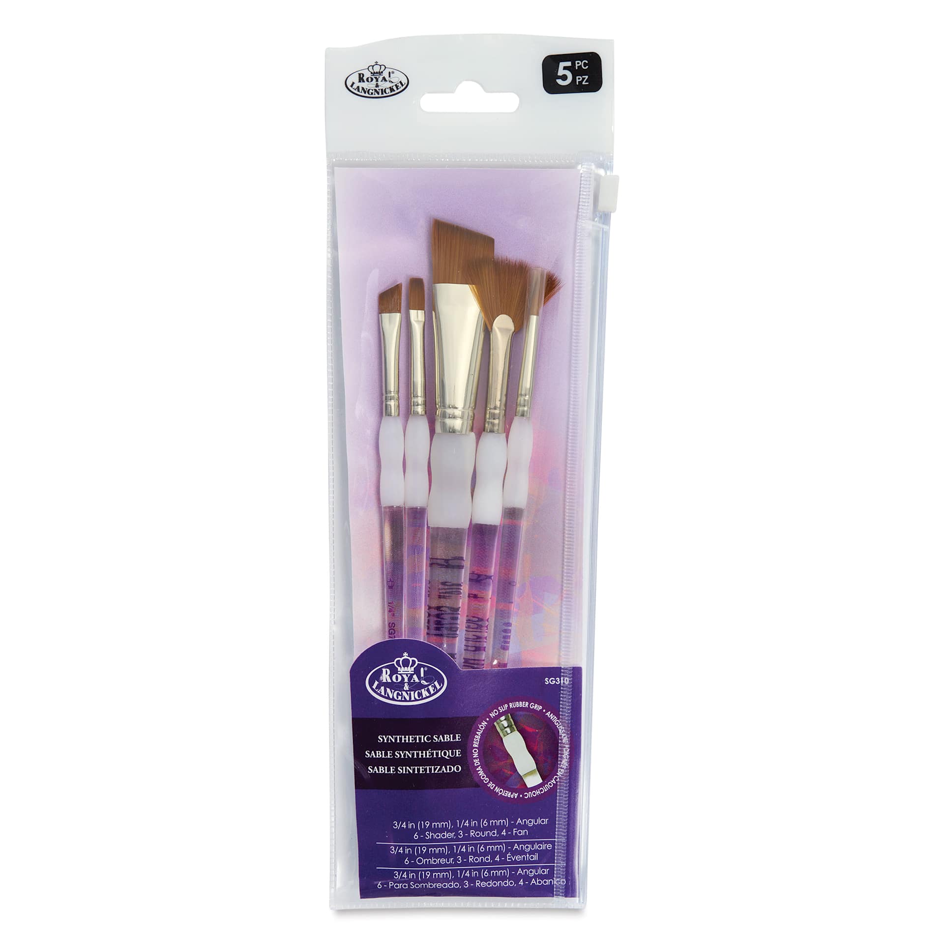 Royal & Langnickel Soft Grip Synthetic Sable Brushes - Angular Variety, Set of 5, front of pack