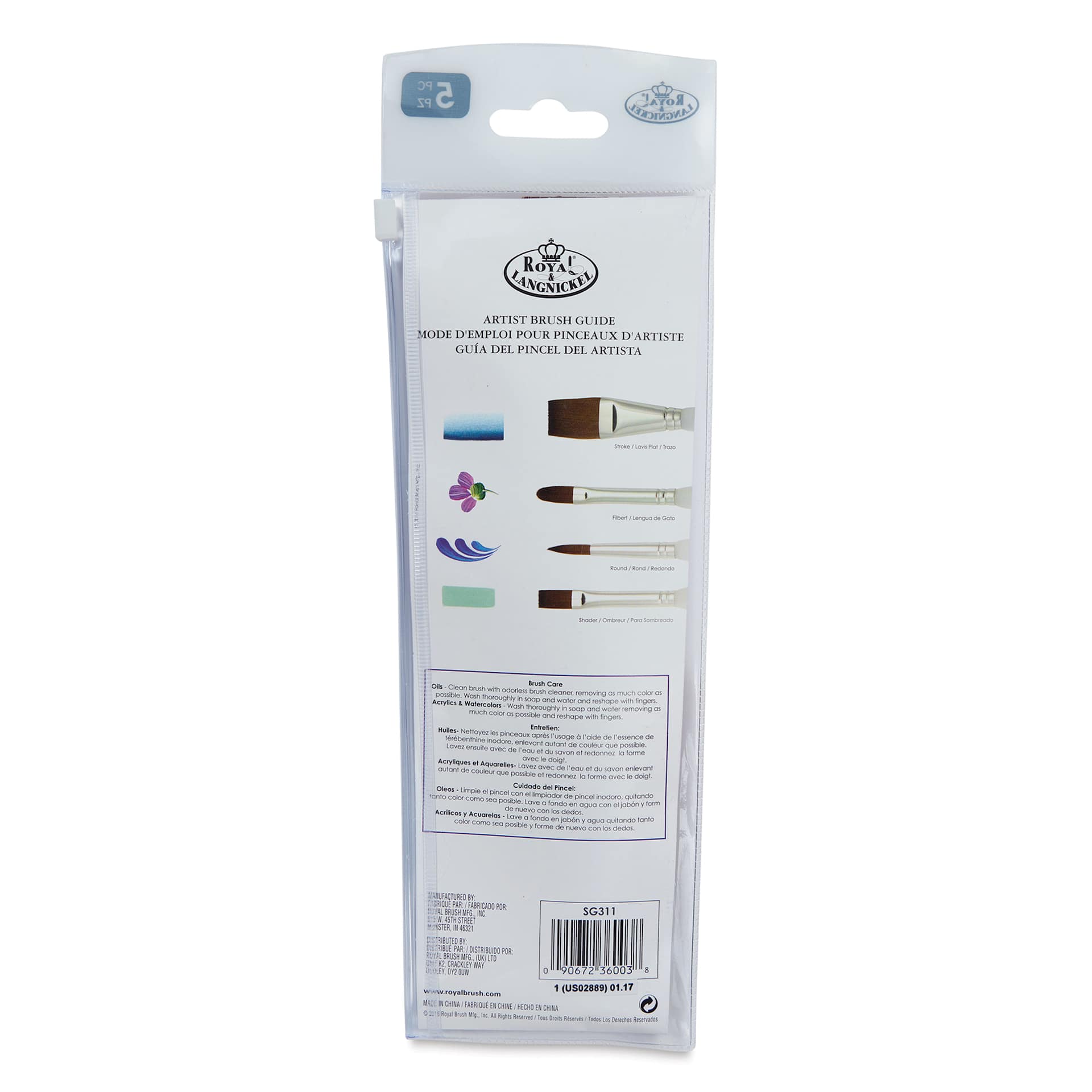 Royal & Langnickel Soft Grip Synthetic Sable Brushes - Flat Variety, Set of 5, back of pack