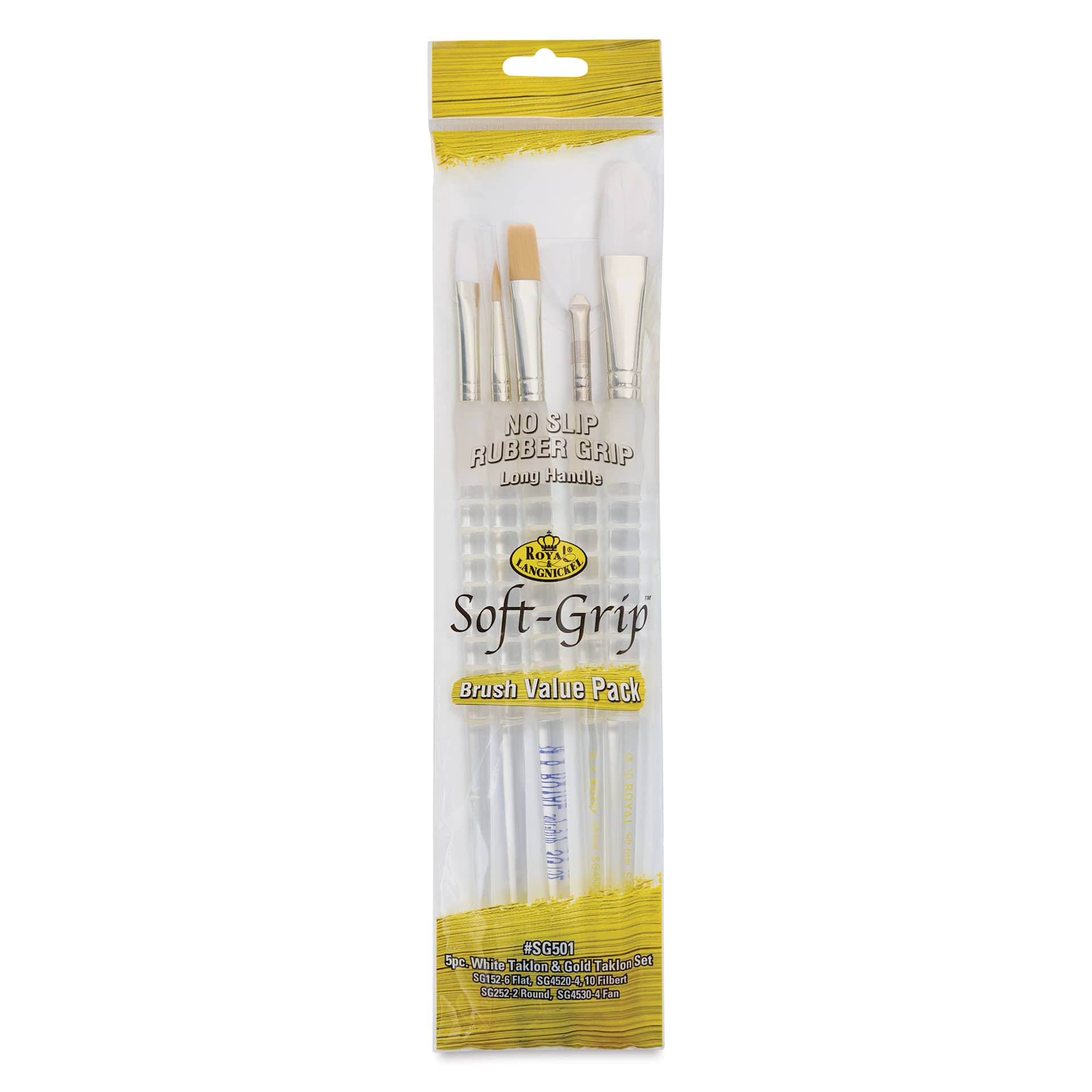 Royal & Langnickel Soft Grip White and Golden Taklon Brushes - Set 501, Set of 5, inside of the packaging