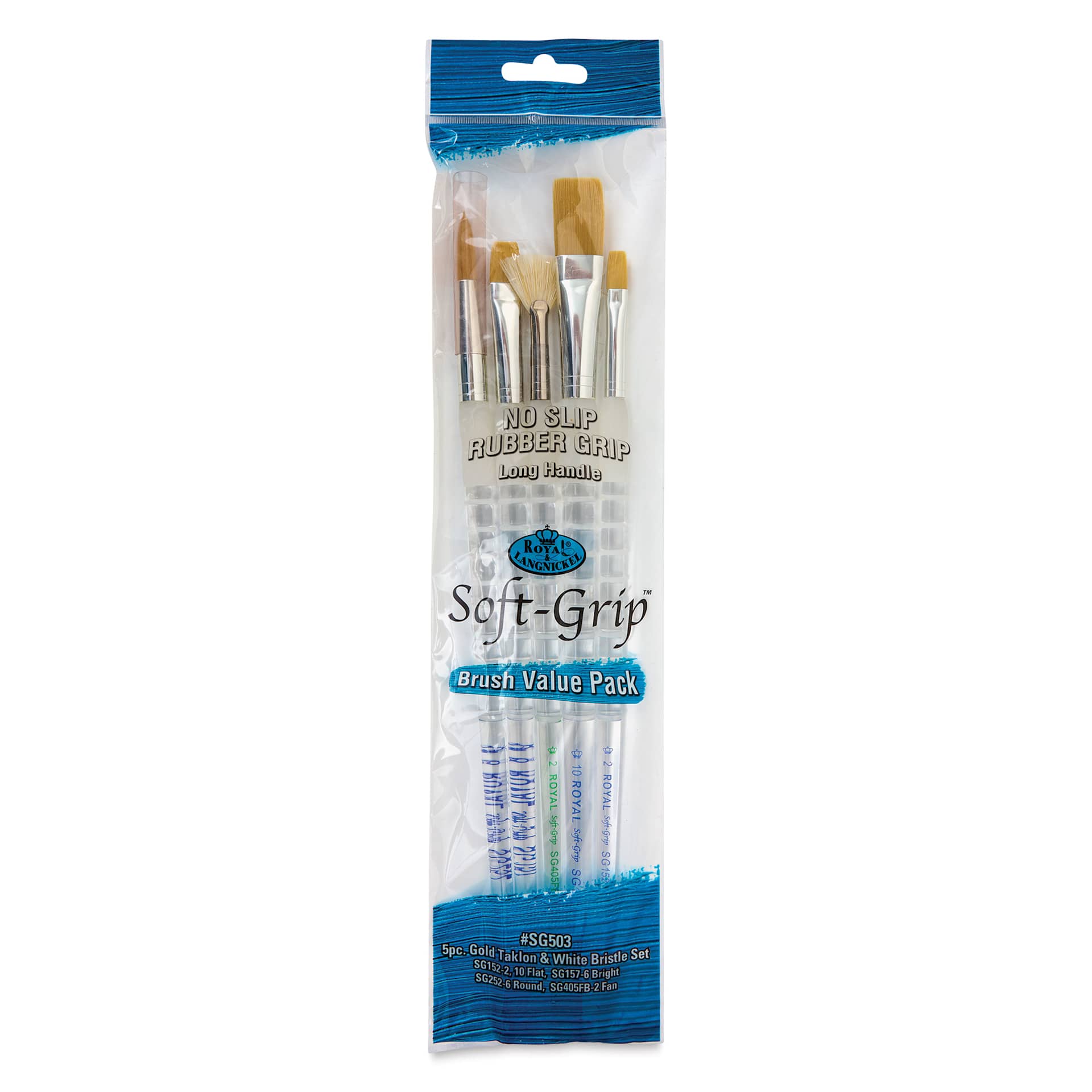 Royal & Langnickel Soft Grip White Bristle and Golden Taklon Brushes - Set 503, Set of 5, inside pack