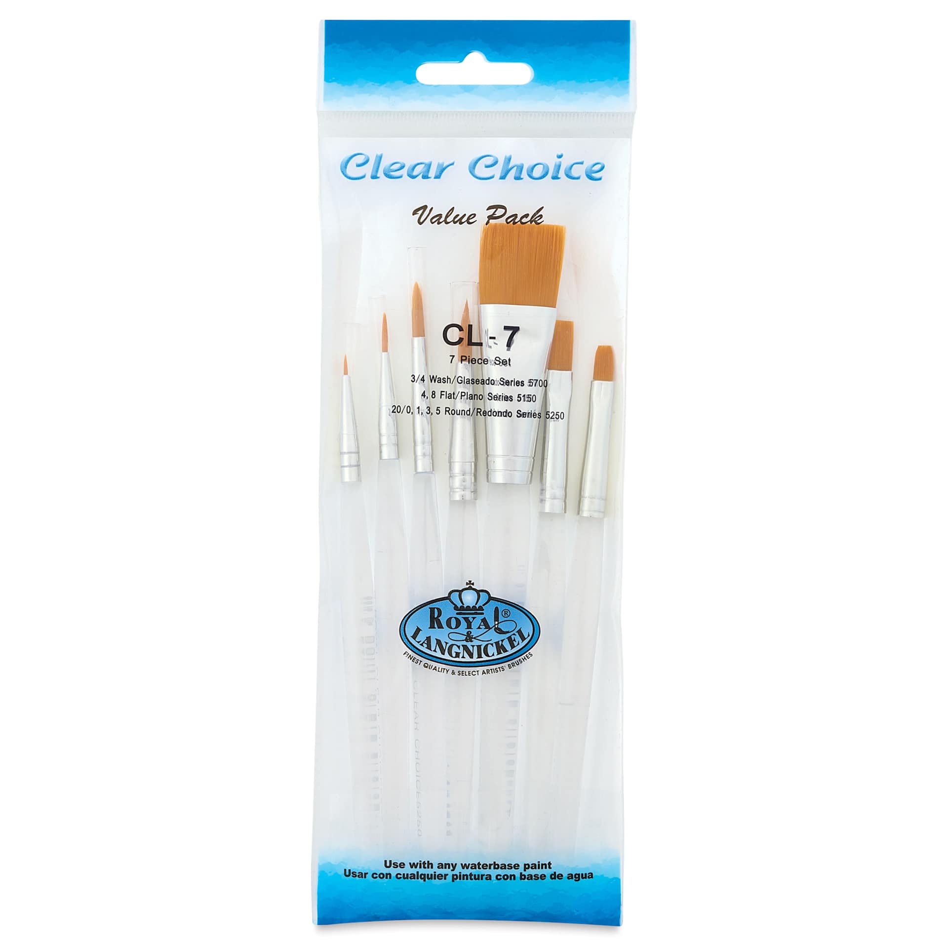 Royal Langnickel Clear Choice Taklon Brush Set - Golden Taklon, Assorted, Set of 7, Short Handle, front of packaging