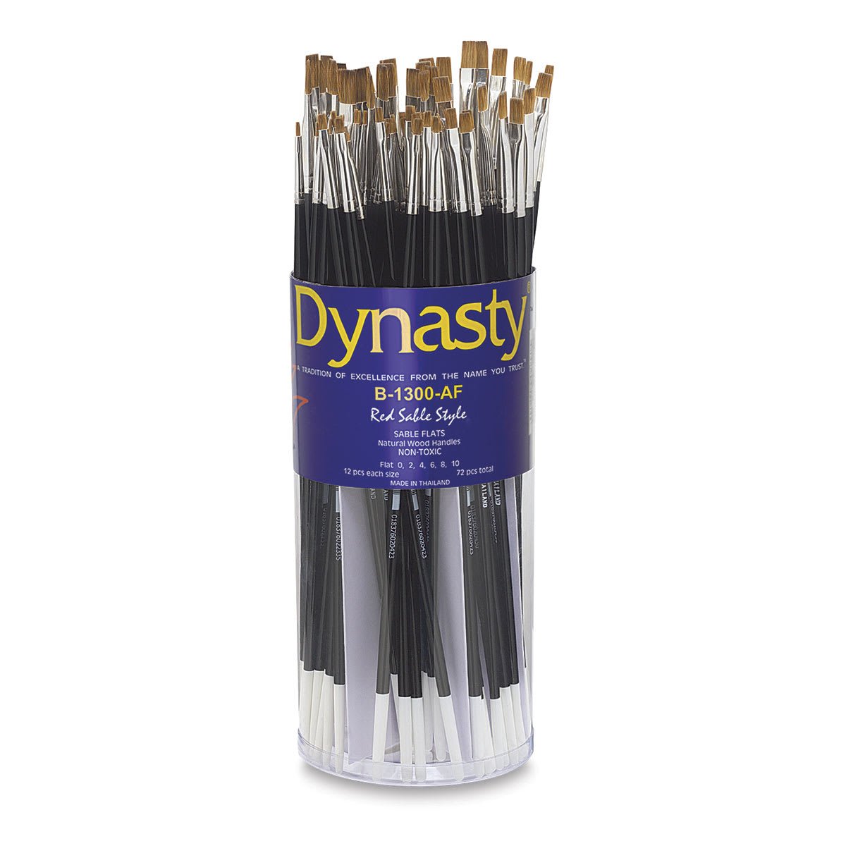 Dynasty Red Sable Style Flat Brushes - Open canister of 72 with brushes upright
