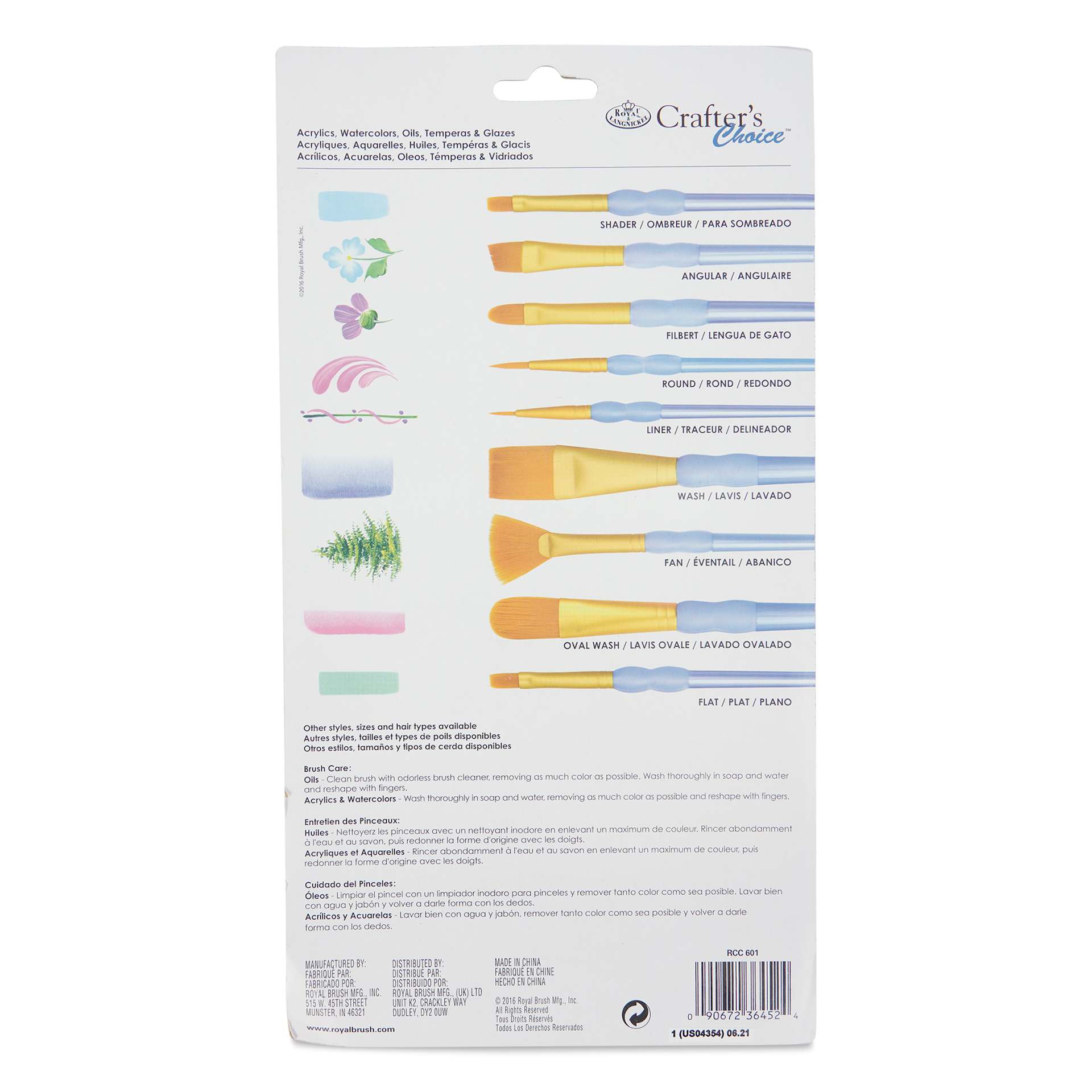 Royal & Langnickel Crafter's Choice Golden Taklon Classroom Pack - Assorted, Pkg of 15, back of packaging