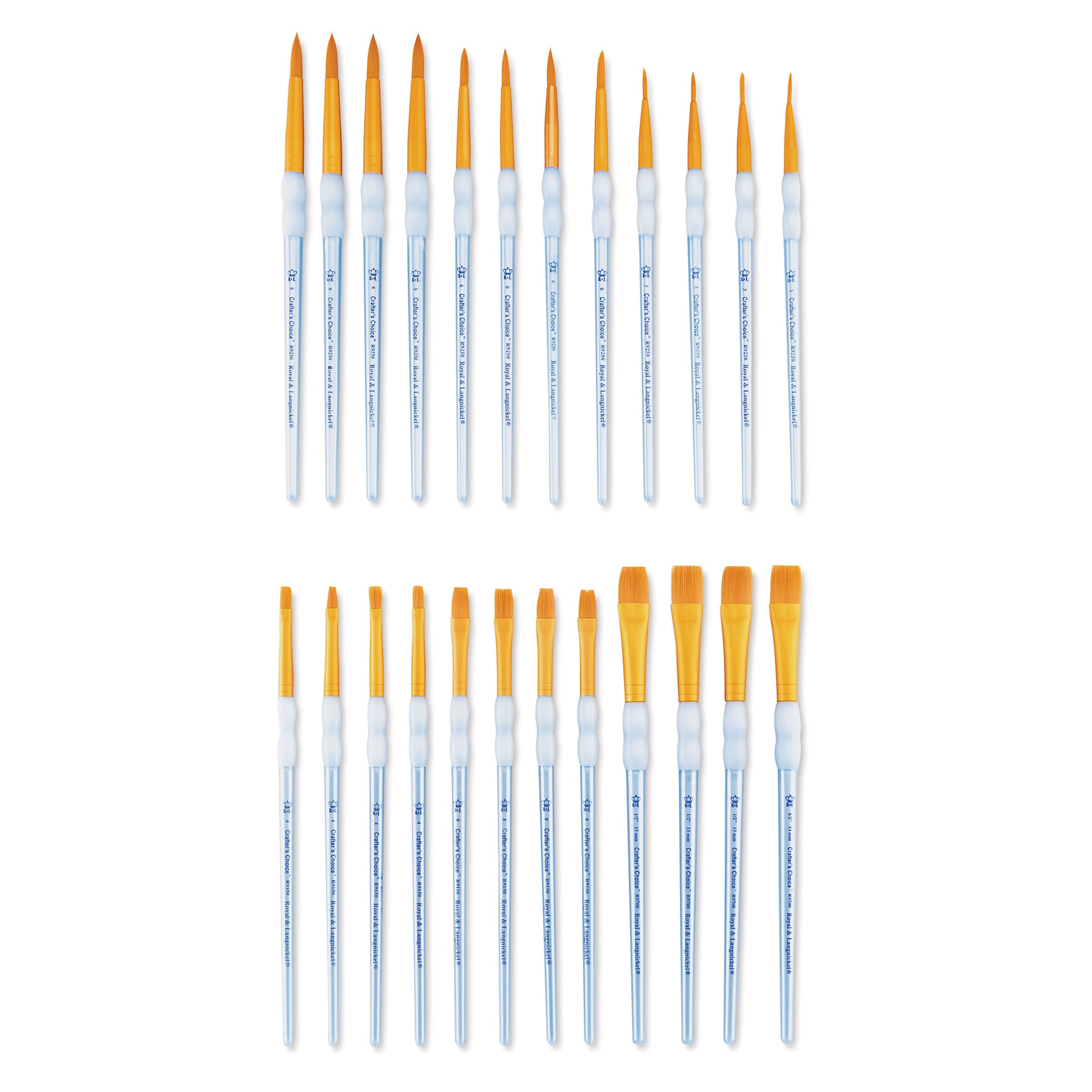 Royal & Langnickel Crafter's Choice Golden Taklon Classroom Pack - Round, Shader and Wash, Pkg of 24 (brushes laid out in rows)