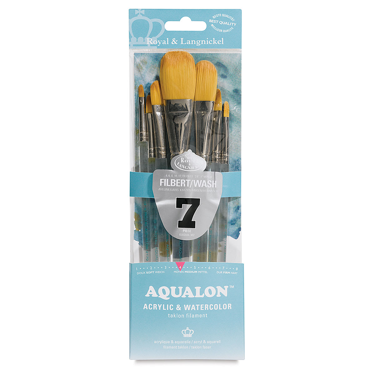 Aqualon Taklon Brush Sets - Front of 7 pc Filbert and Wash Brush set package
