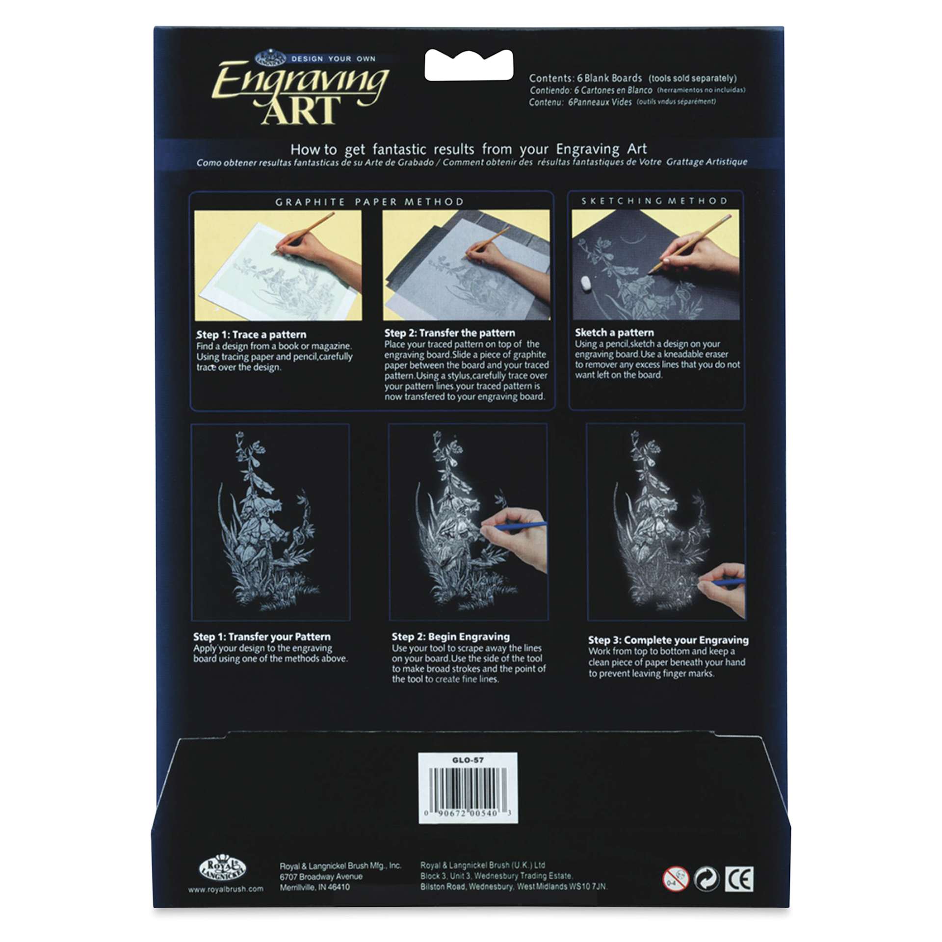Royal & Langnickel Engraving Art Blank Board - Glow in the Dark, 5" x 7", Pkg of 6 - back of packaging