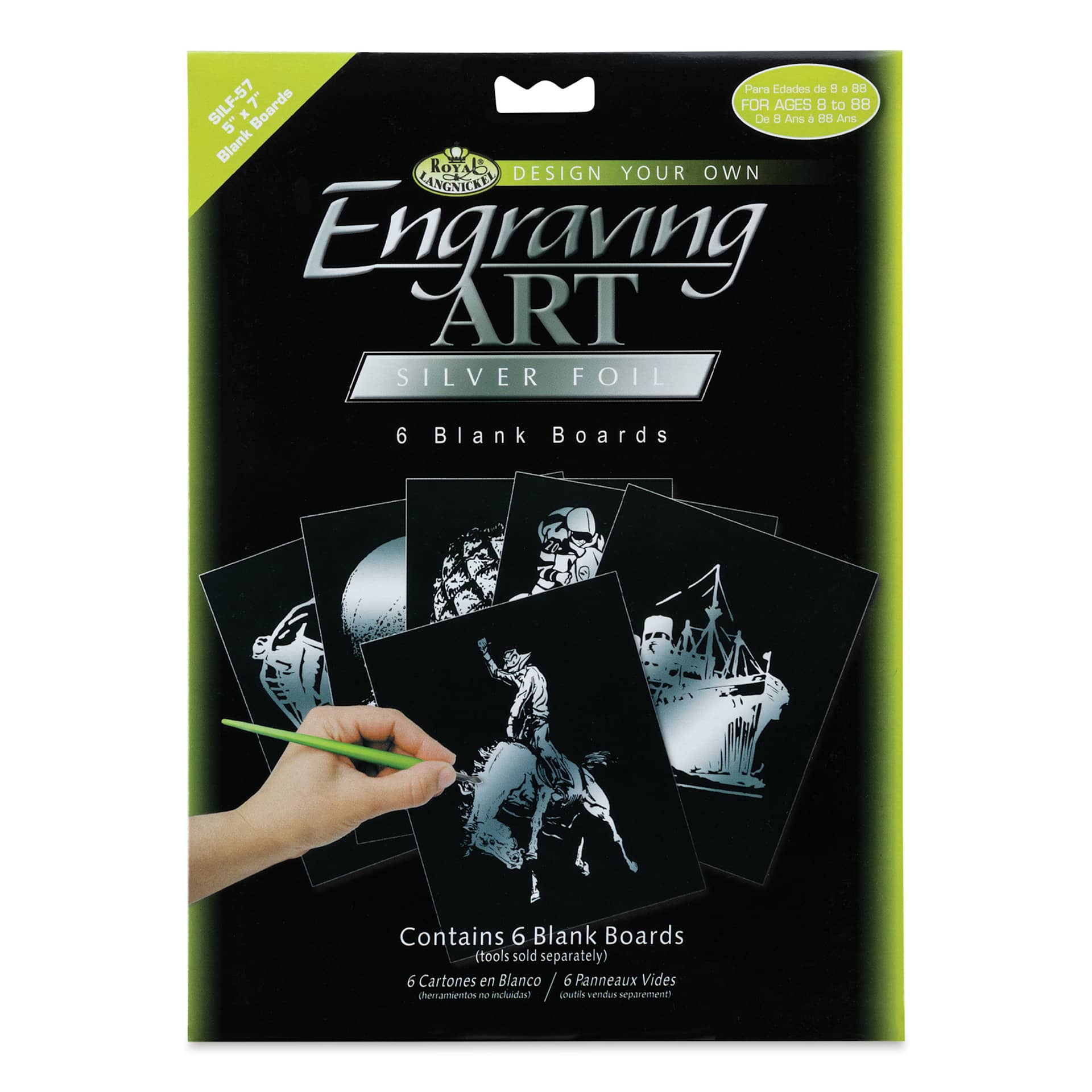 Royal & Langnickel Engraving Art Blank Board - Silver Foil, 5" x 7", Pkg of 6 front of packaging