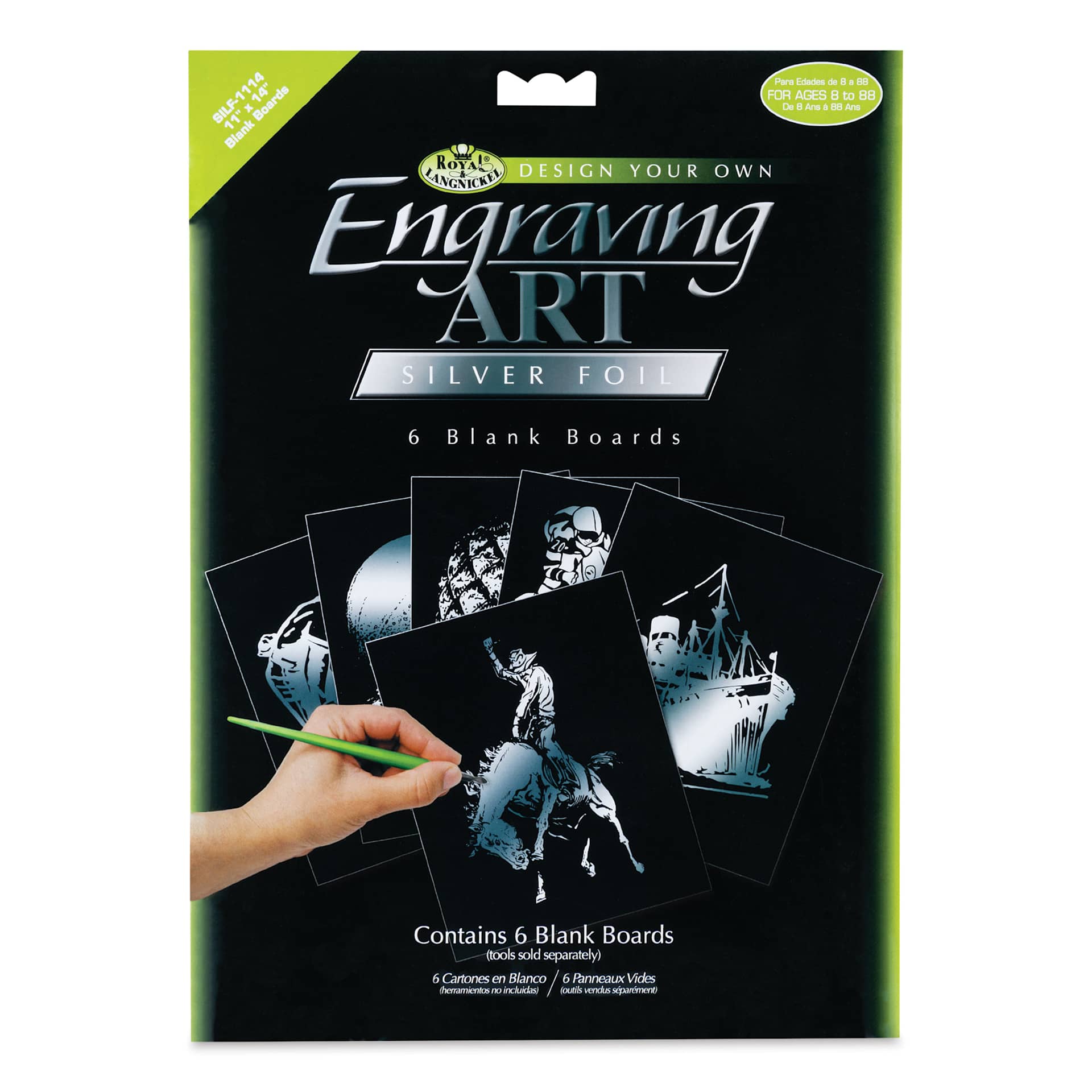 Royal & Langnickel Engraving Art Blank Board - Silver Foil, 11" x 14", Pkg of 6 front of packaging