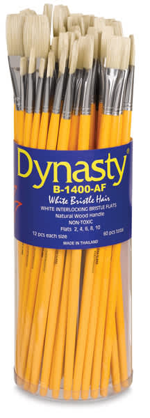 Dynasty Natural White Bristle Assortments - Front of canister of 60 assorted Flat brushes