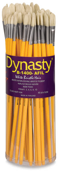 Dynasty Natural White Bristle Assortments - Front of canister of 60 assorted Filbert brushes
