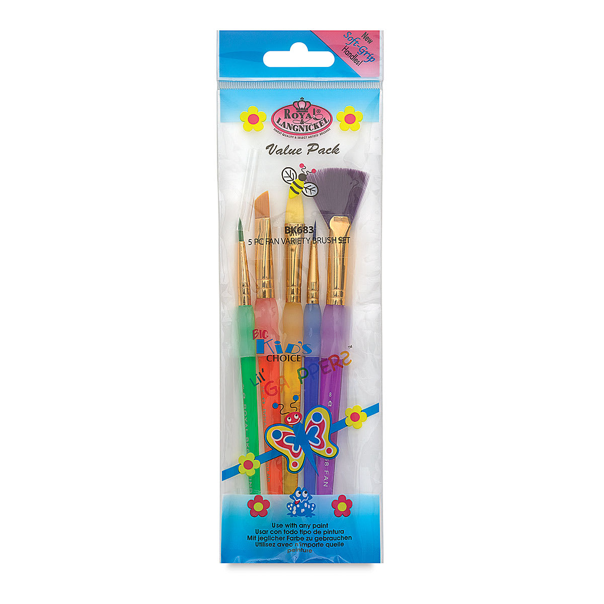 Royal & Langnickel Big Kid's Choice Lil' Grippers Synthetic Brushes - Fan Variety, Set of 5, front of pack