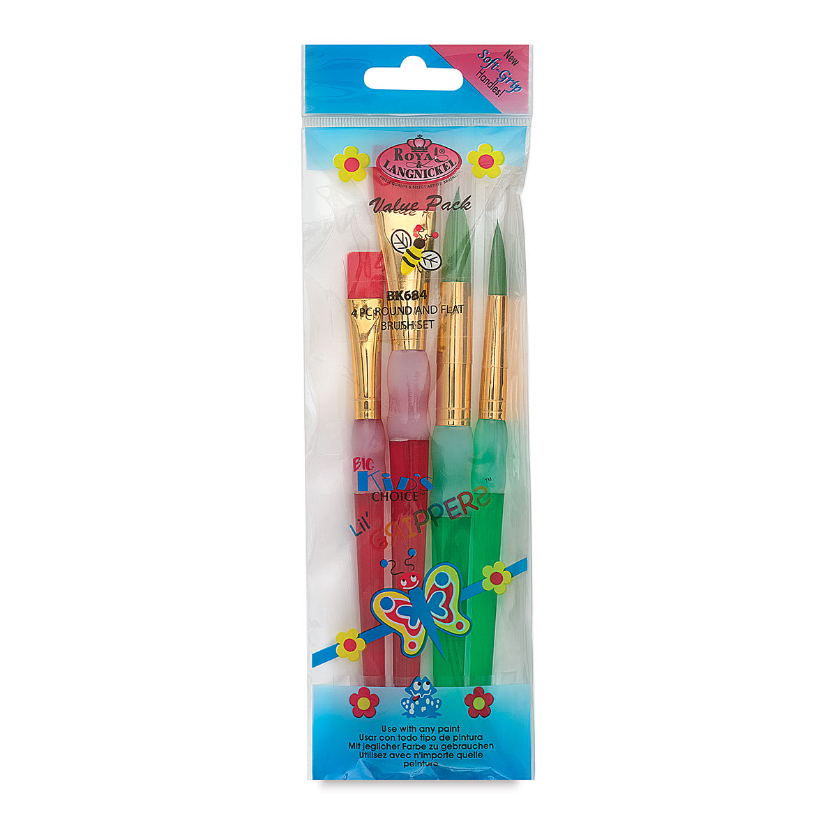 Royal & Langnickel Big Kid's Choice Lil' Grippers Synthetic Brushes - Round and Flat, Set of 4, front of pack