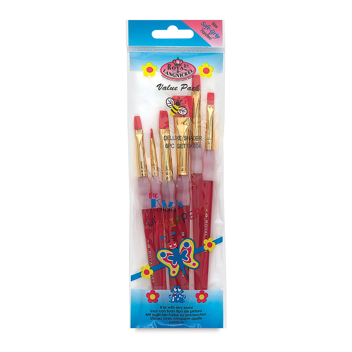 Royal & Langnickel Big Kid's Choice Lil' Grippers Synthetic Brushes - Deluxe Shader, Set of 6, front of the pack