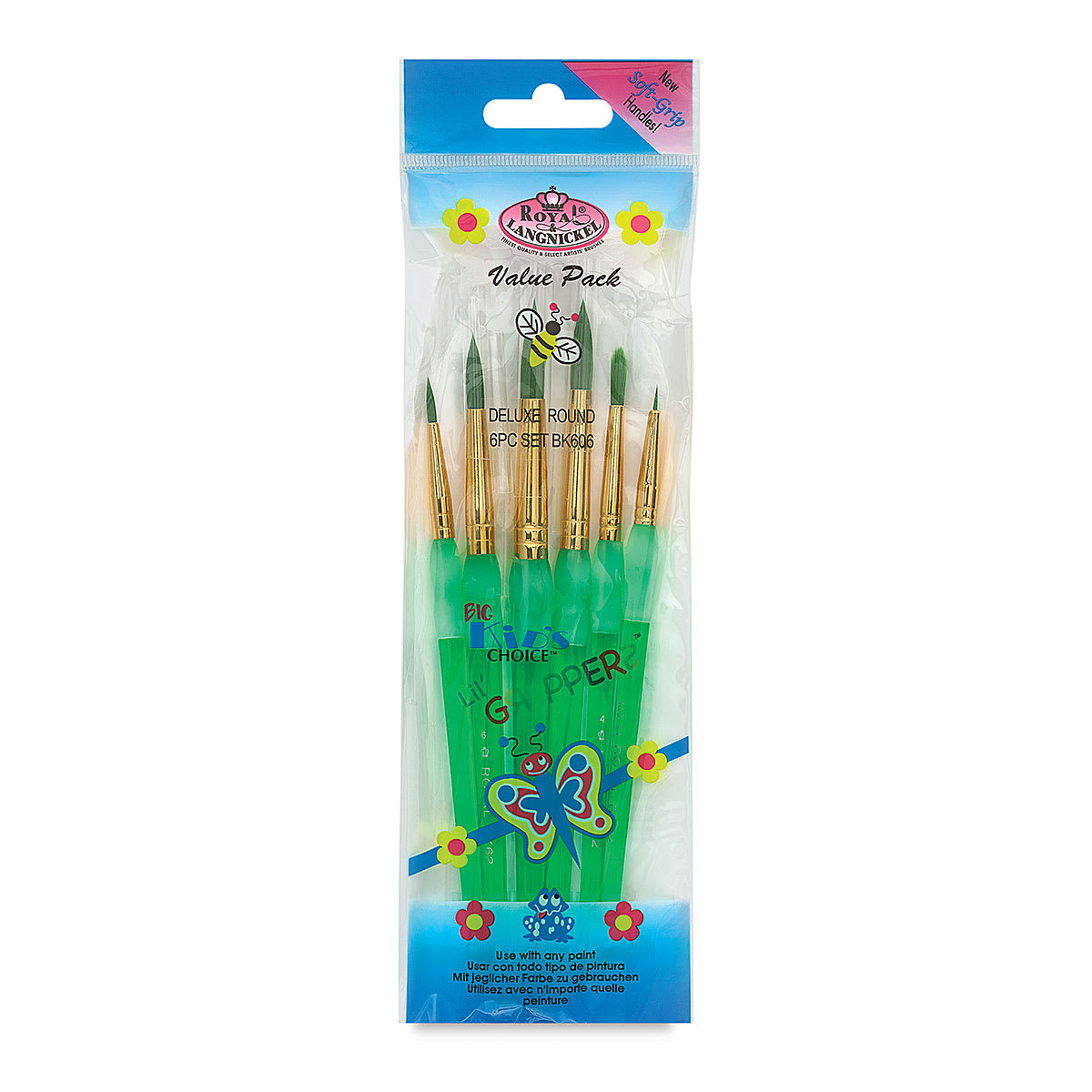 Royal & Langnickel Big Kid's Choice Lil' Grippers Synthetic Brushes - Deluxe Round, Set of 6, front of the pack