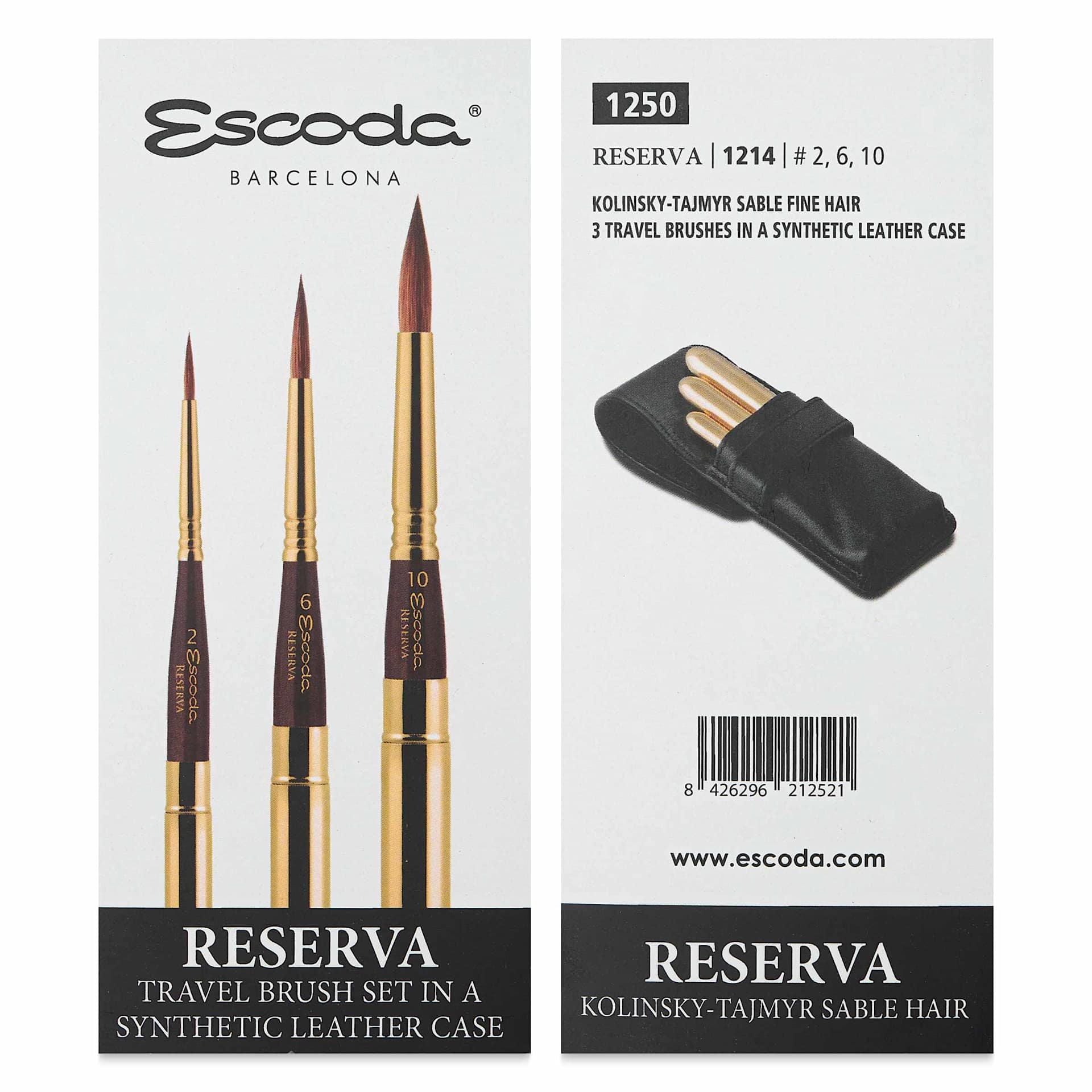 Escoda Reserva Kolinsky-Tajmyr Sable Brush - Set of 3, Pocket Round, front and back of packaging