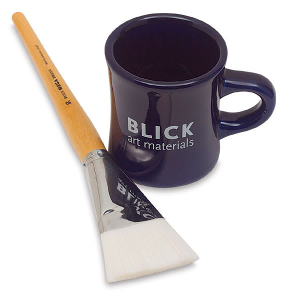 Blick Mega White Synthetic Brush - Mega Flat, Short Handle, Size 50 (Brush shown next to mug)