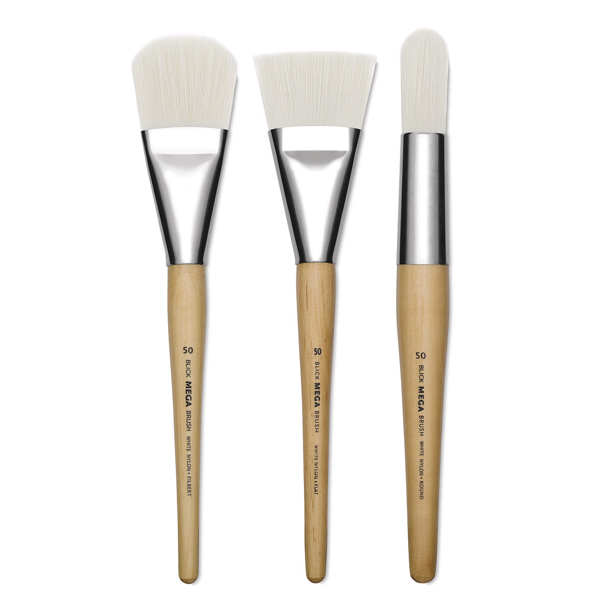 Blick Mega White Synthetic Brushes - Filbert, flat, and round brushes shown 