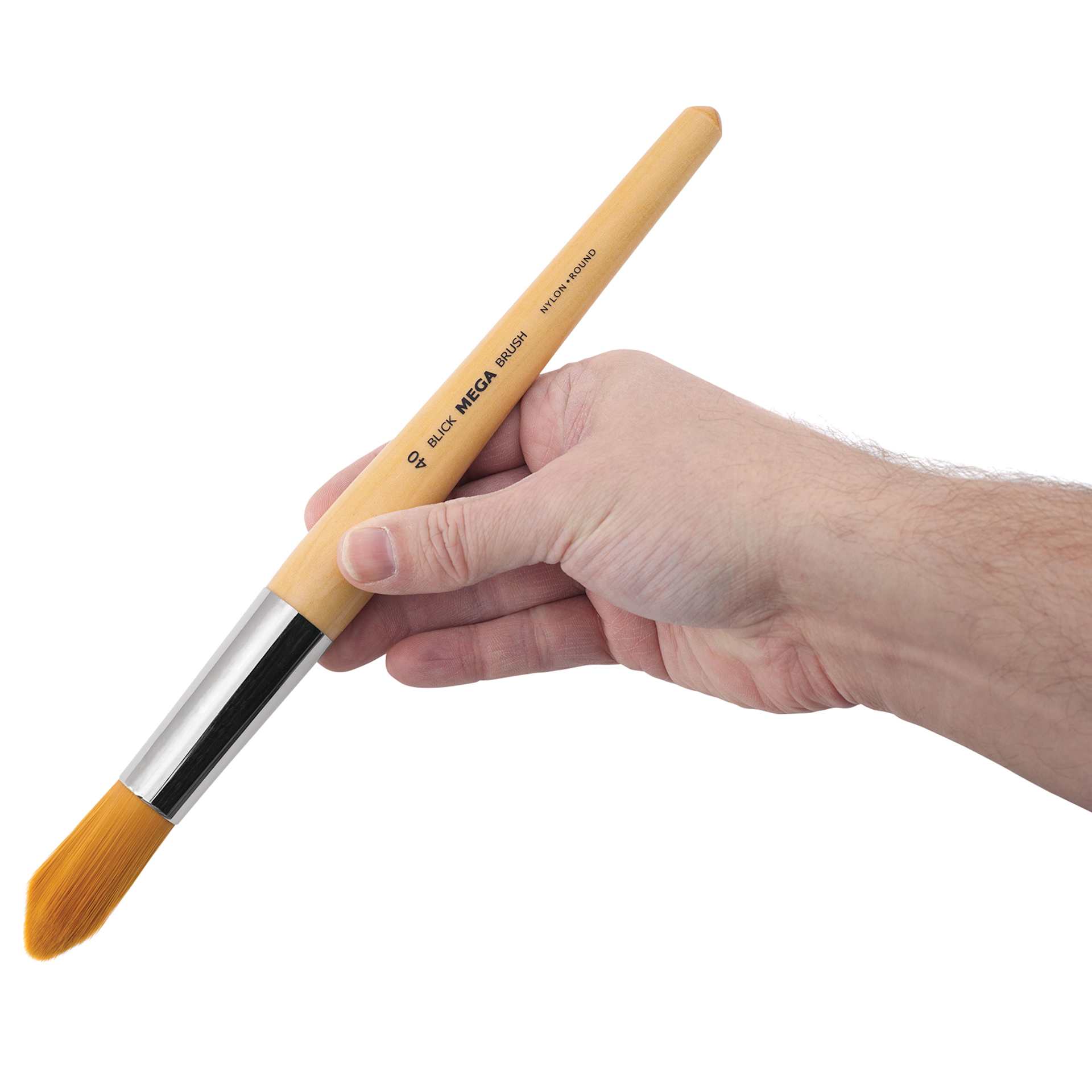 Blick Mega Golden Taklon Brush - Mega Round, Short Handle, Size 40, held in hand