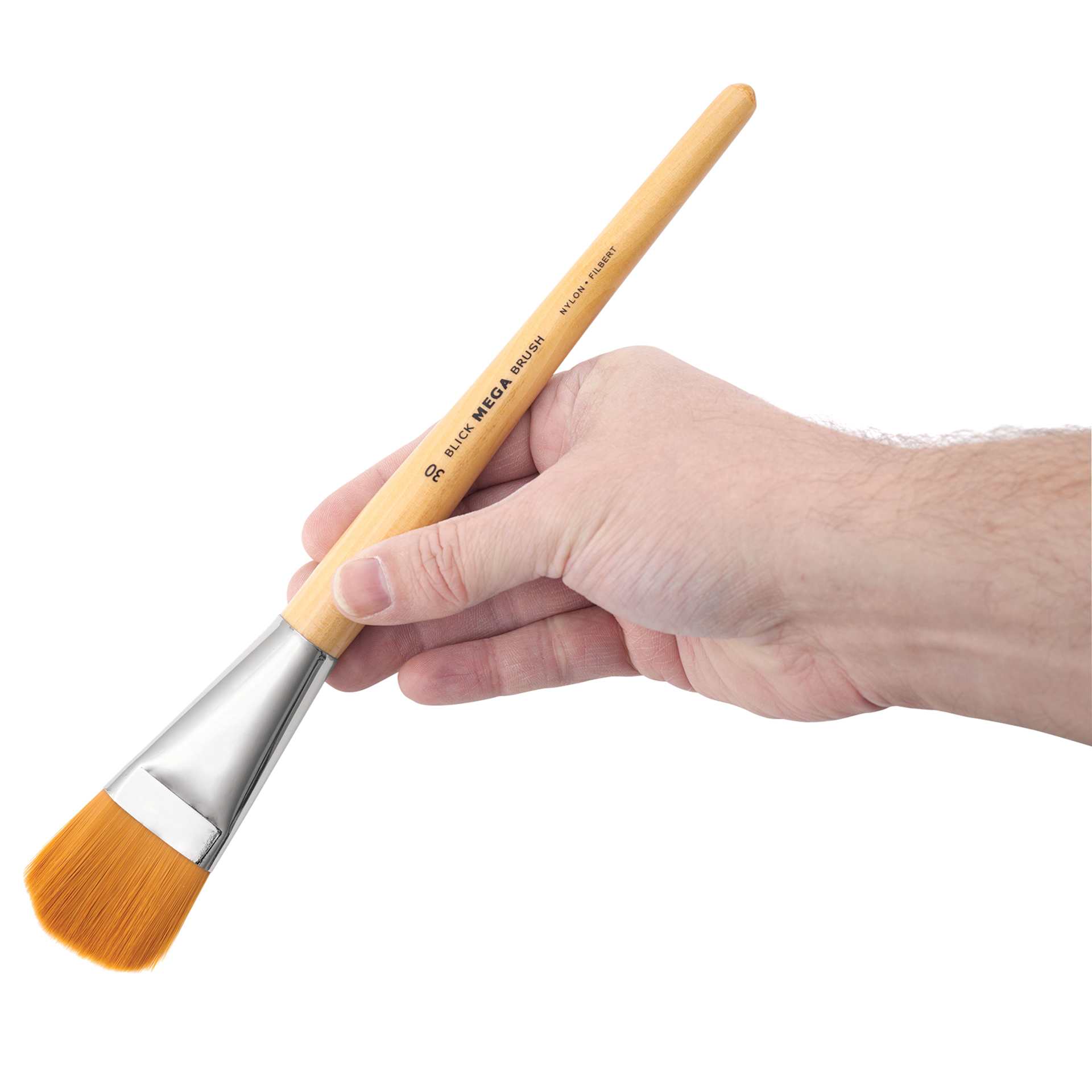 Blick Mega Golden Taklon Brush - Mega Filbert, Short Handle, Size 30, held in hand
