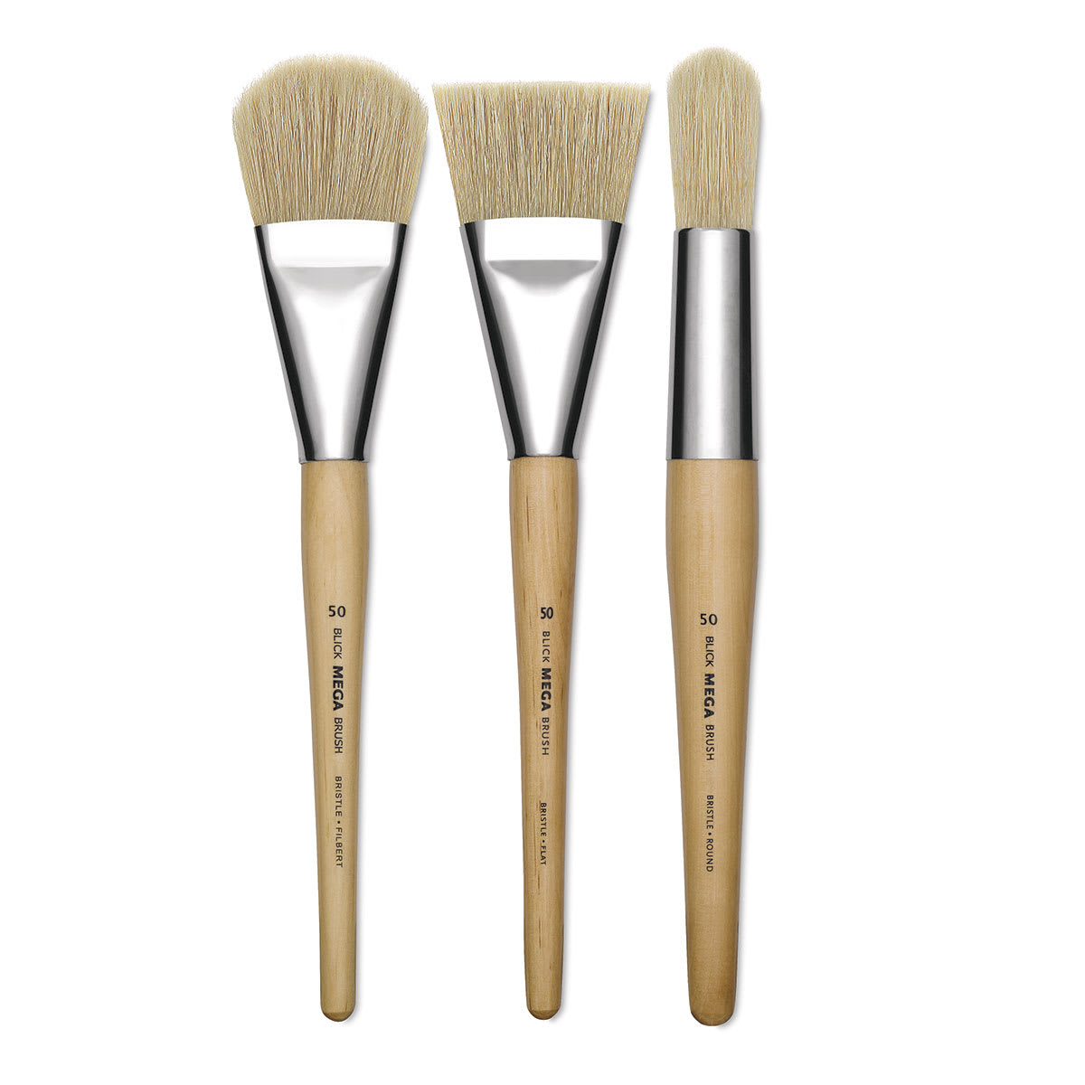 Blick Mega Natural Bristle Brushes - Filbert, Flat and Round Mega Brushes shown upright