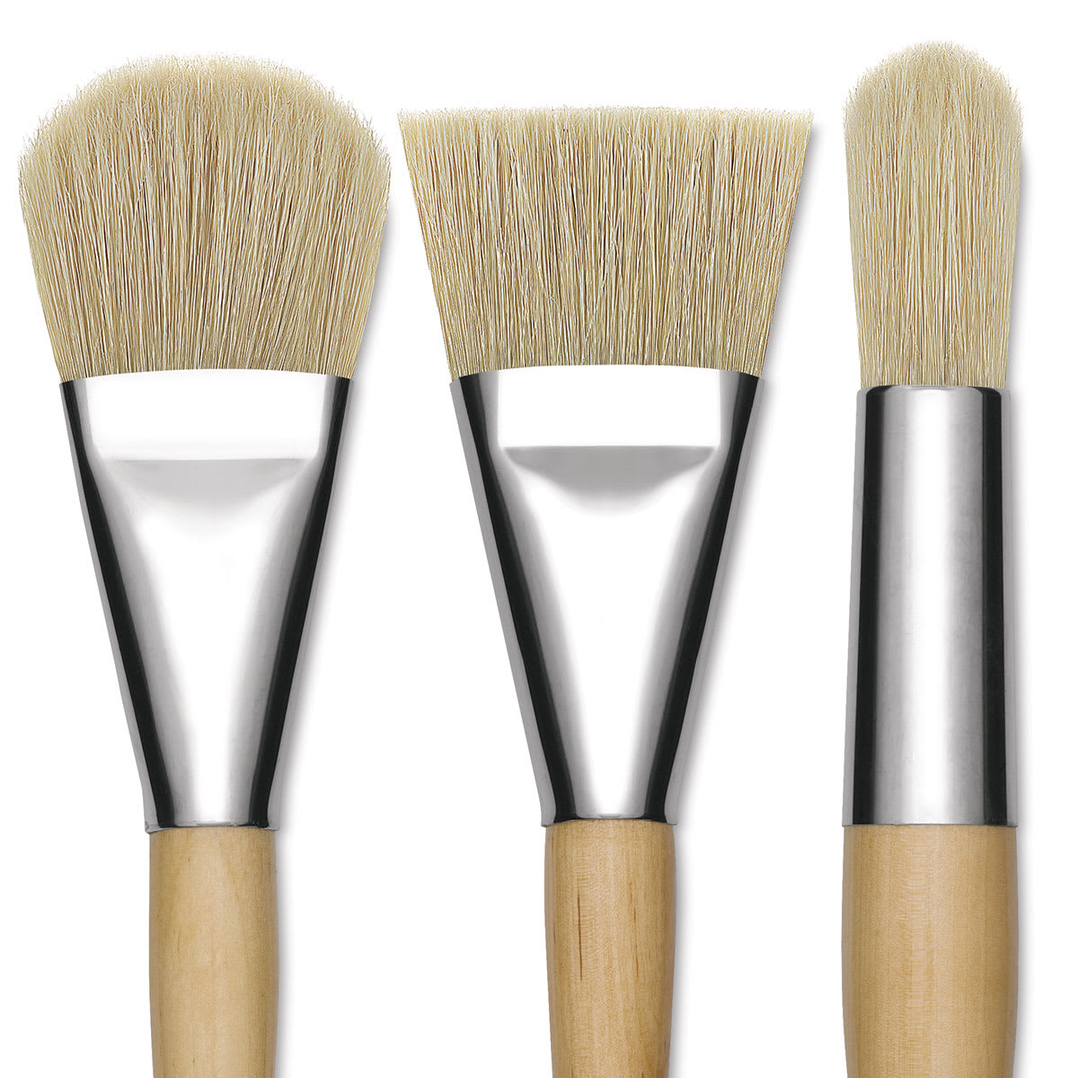 Blick Mega Natural Bristle Brushes - A closeup of Filbert, Flat and Round Mega brushes