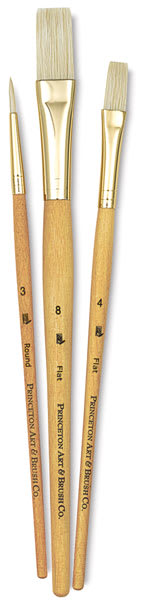Princeton Real Value Brushes, short handle, set of 3. Includes Round 3, and Flat 4 and 8. Princeton Real Value Brushes, short handle, set of 3. Includes Round 3, and Flat 4 and 8.