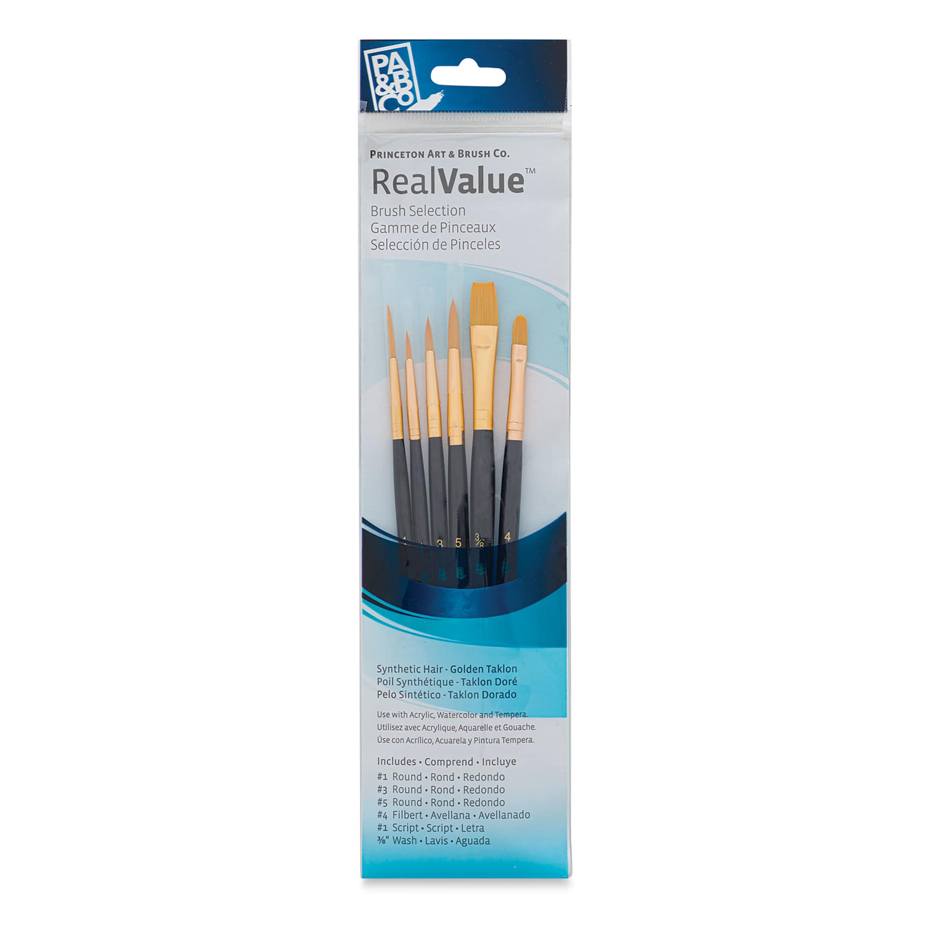 Princeton Real Value Brush Set - 9132, Golden Taklon, Short Handle, Set of 6
